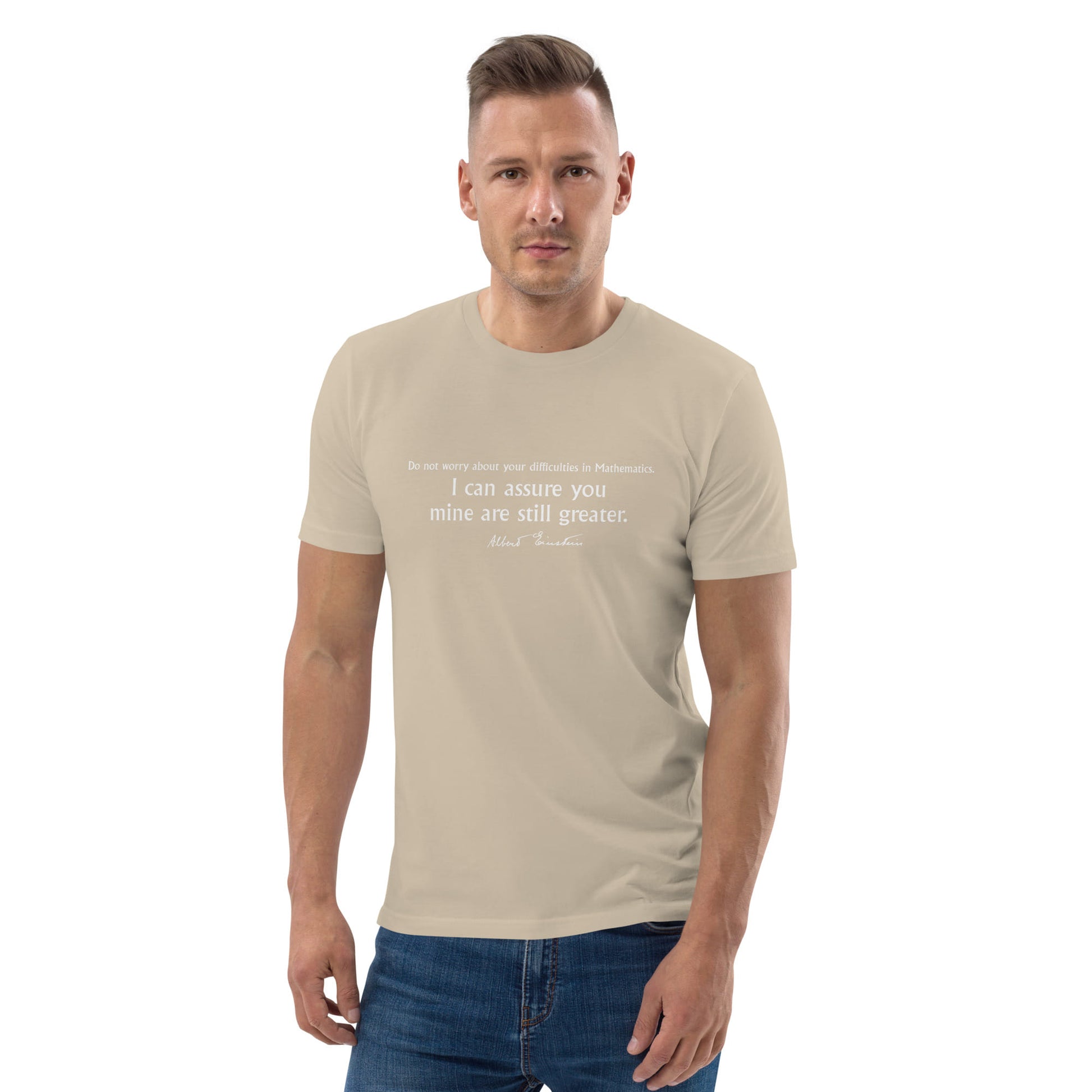 Albert Einstein quote t-shirt 'Difficulties in mathematics', beige portrait