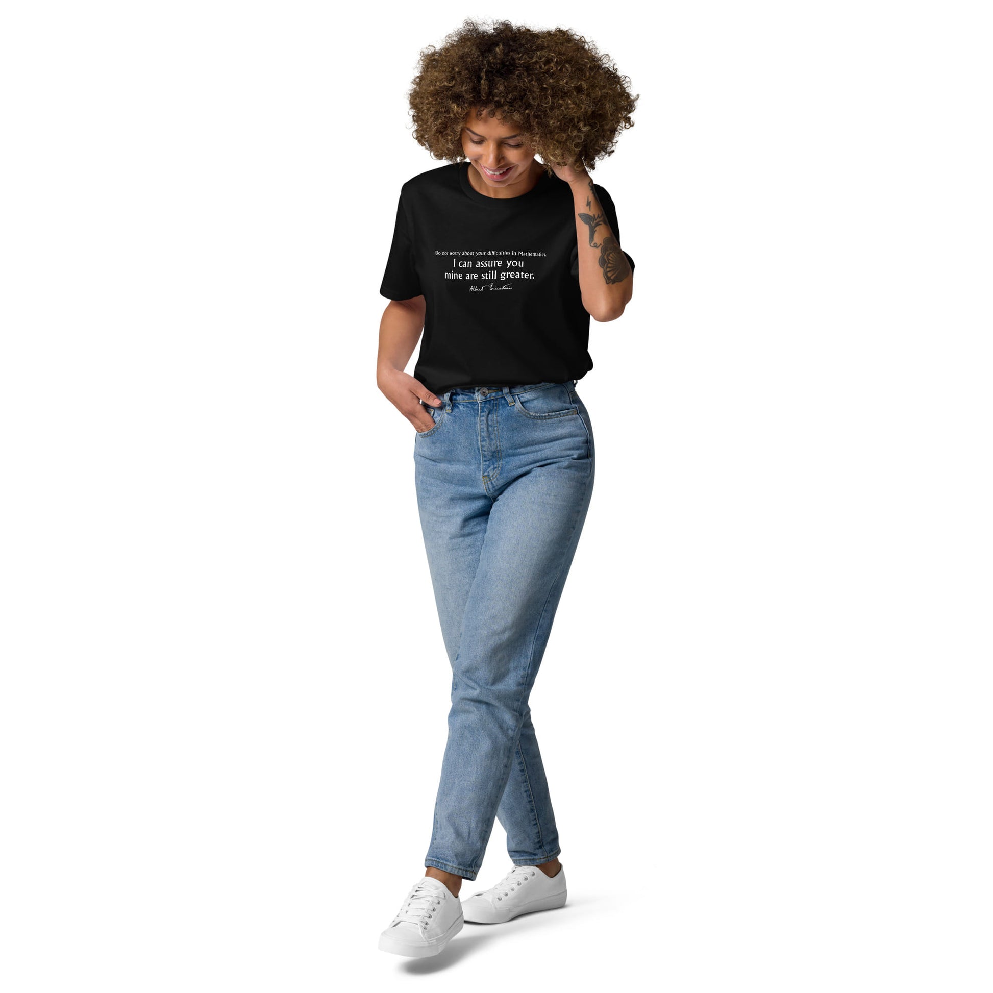 Albert Einstein quote t-shirt 'Difficulties in mathematics', black model view