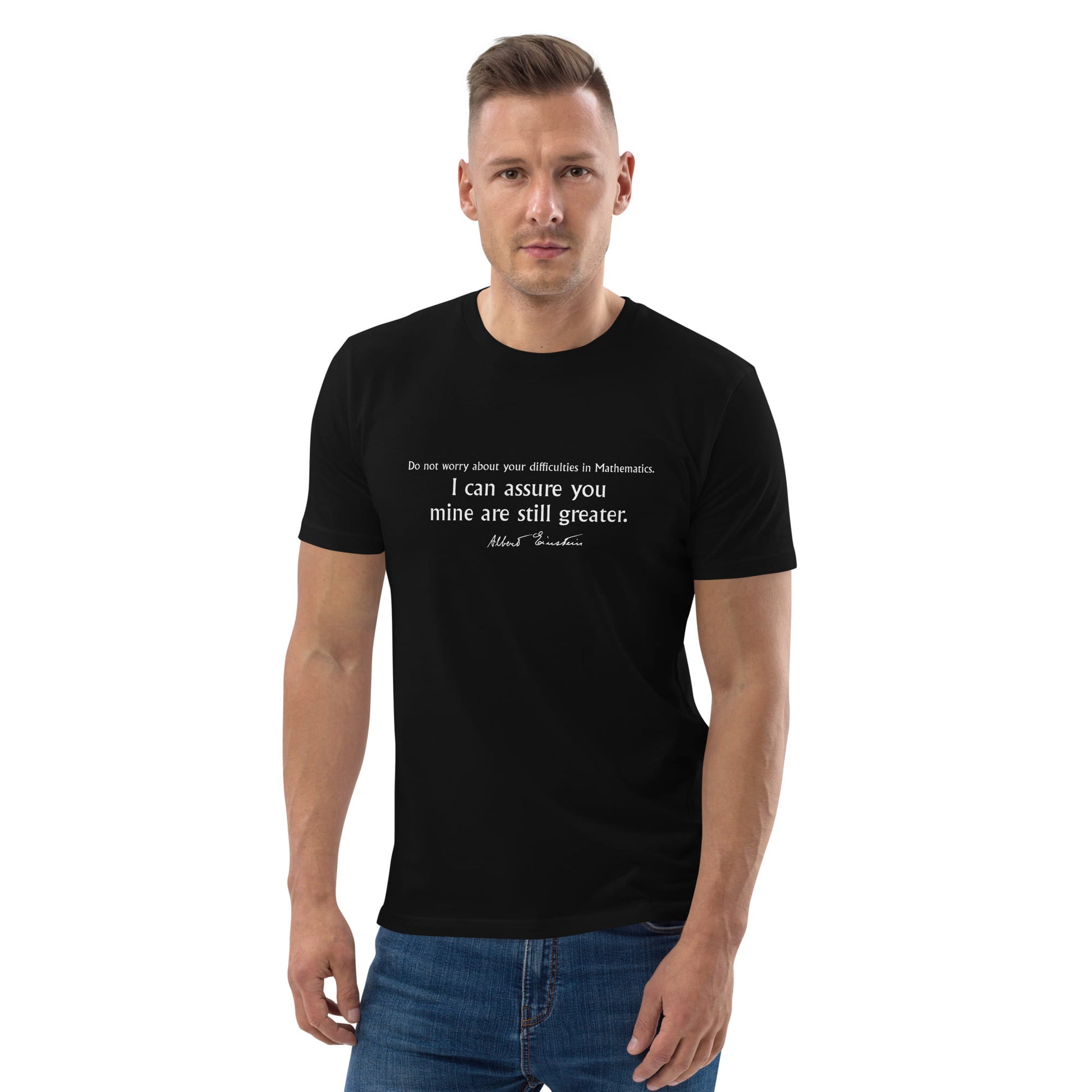 Albert Einstein quote t-shirt 'Difficulties in mathematics', black portrait