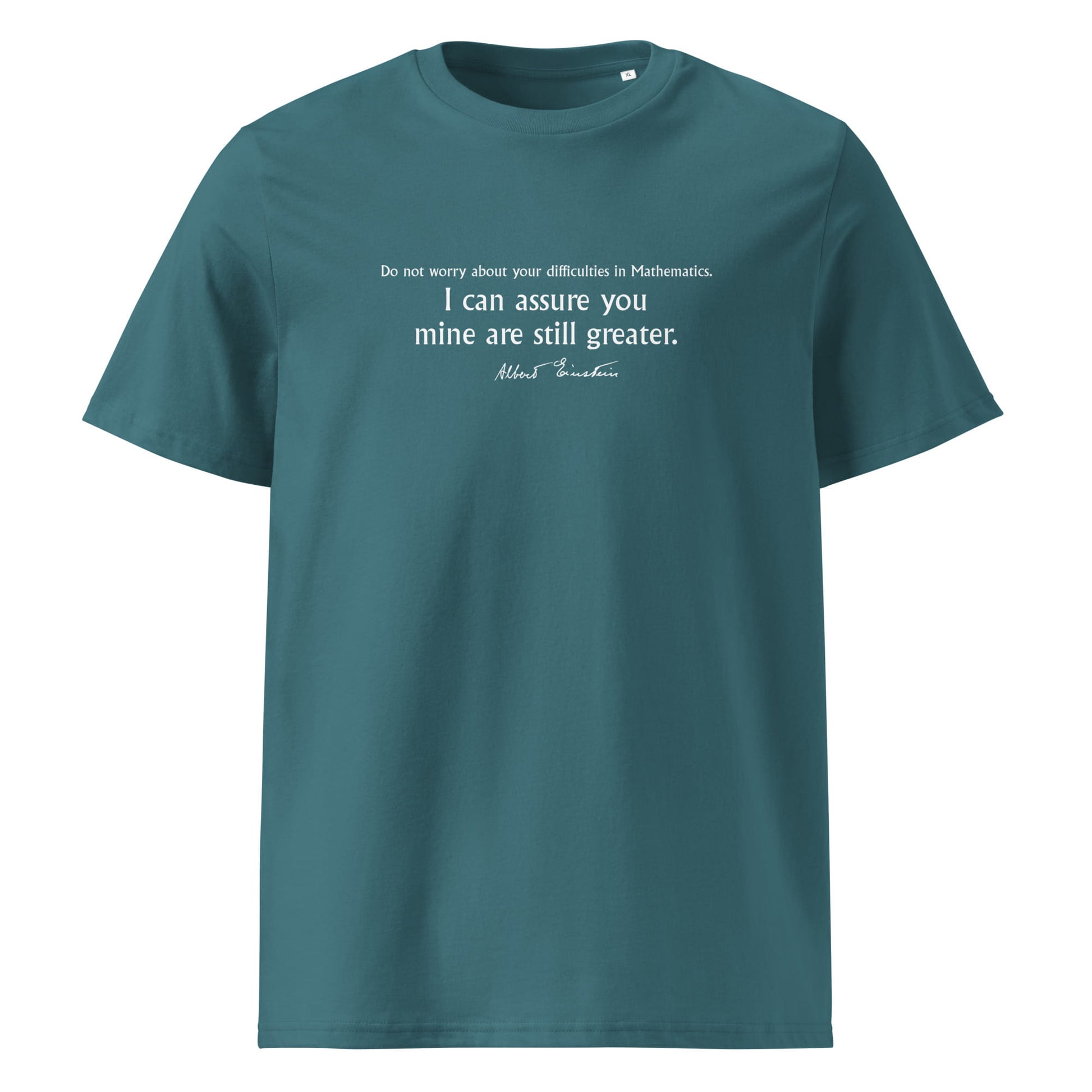 Albert Einstein quote t-shirt 'Difficulties in mathematics', teal front