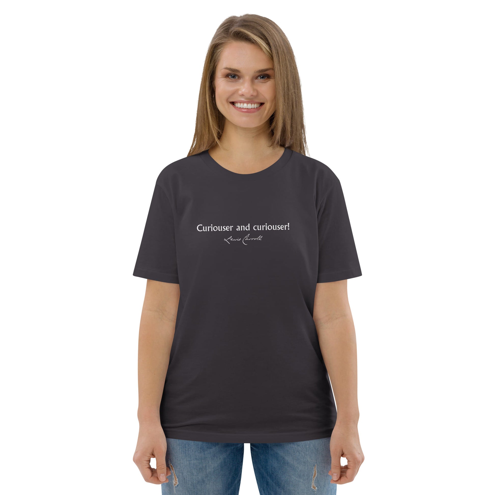 Alice in Wonderland quote T-shirt 'Curiouser and curiouser!' Lewis Carroll, anthracite portrait