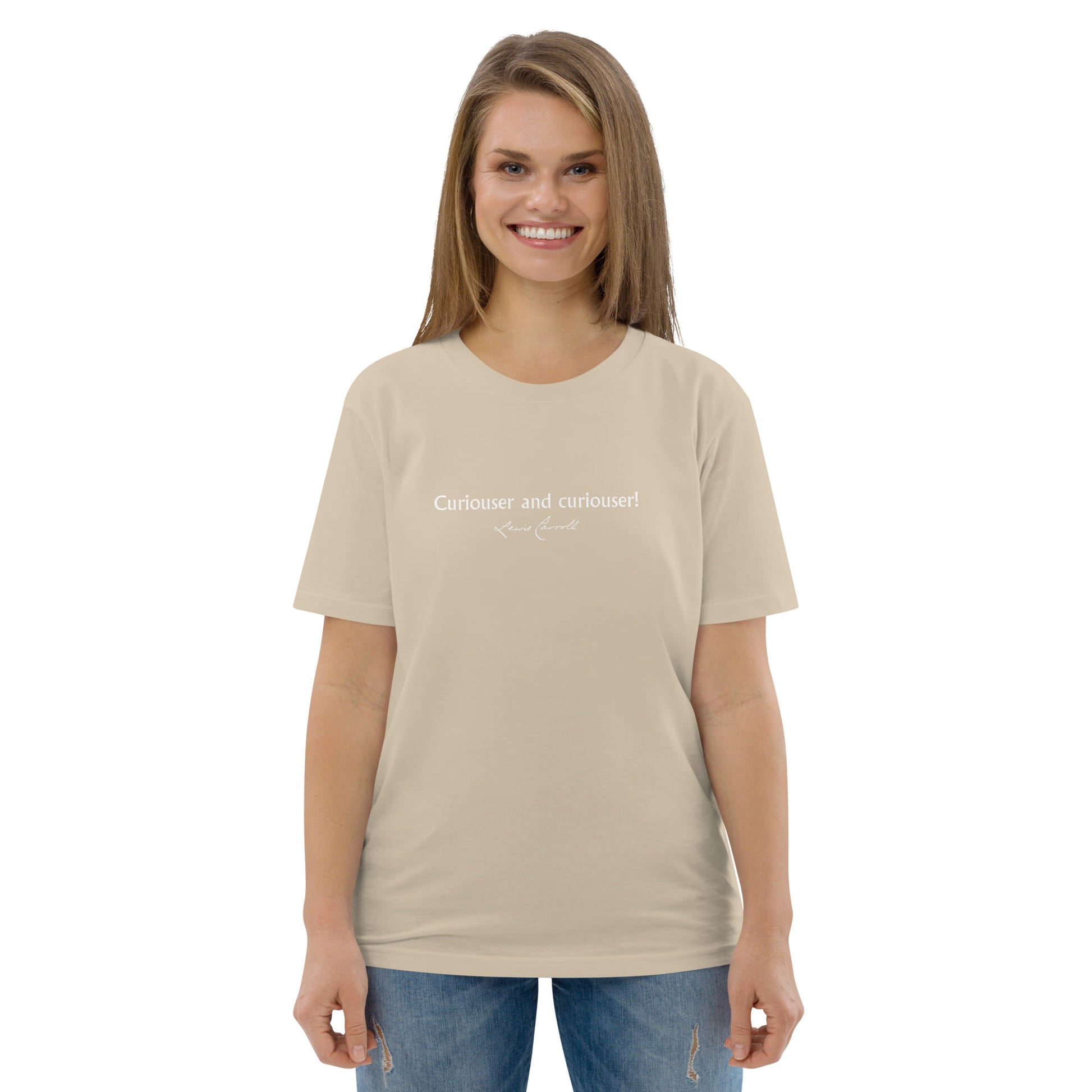Alice in Wonderland quote T-shirt 'Curiouser and curiouser!' Lewis Carroll, beige portrait
