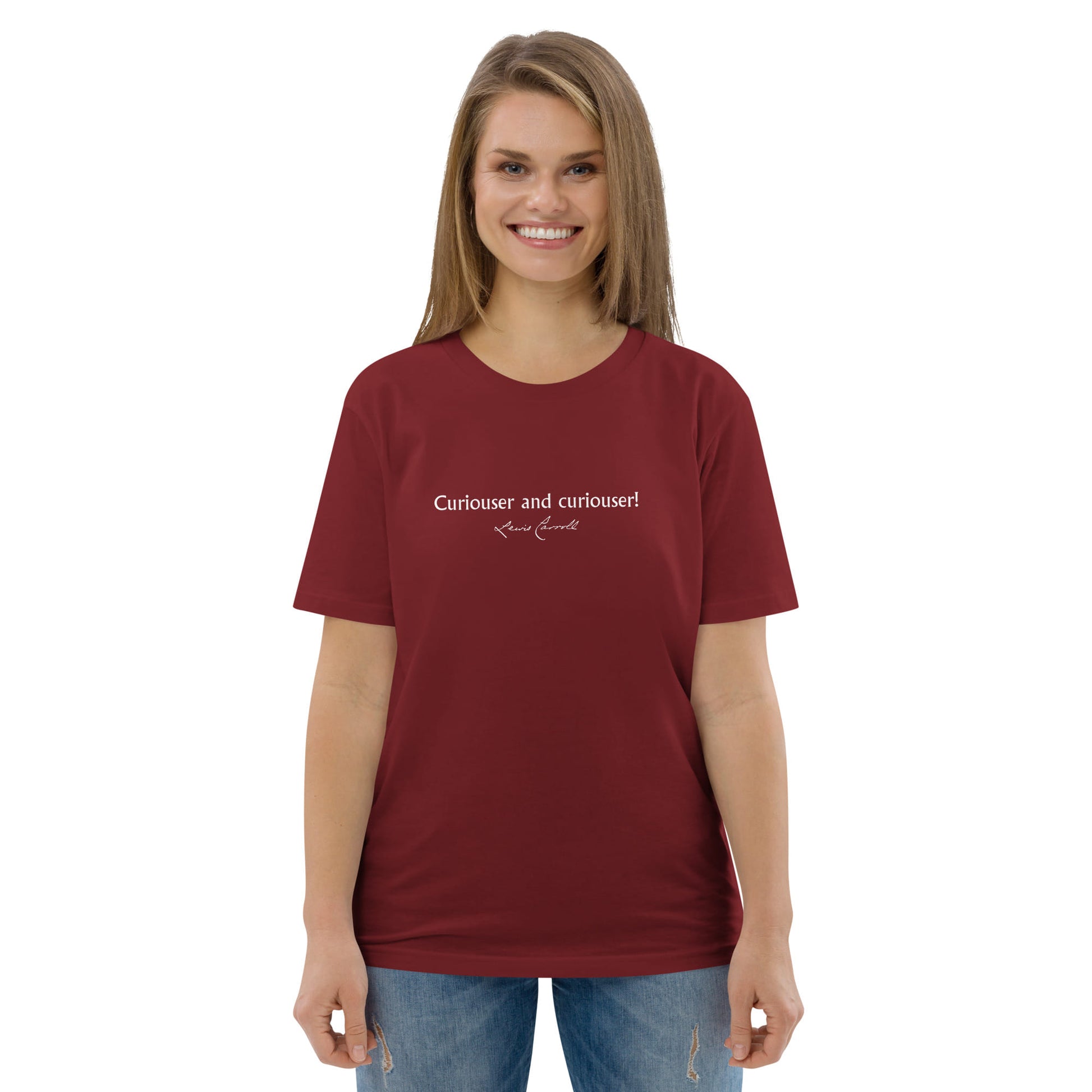 Alice in Wonderland quote T-shirt 'Curiouser and curiouser!' Lewis Carroll, burgundy portrait