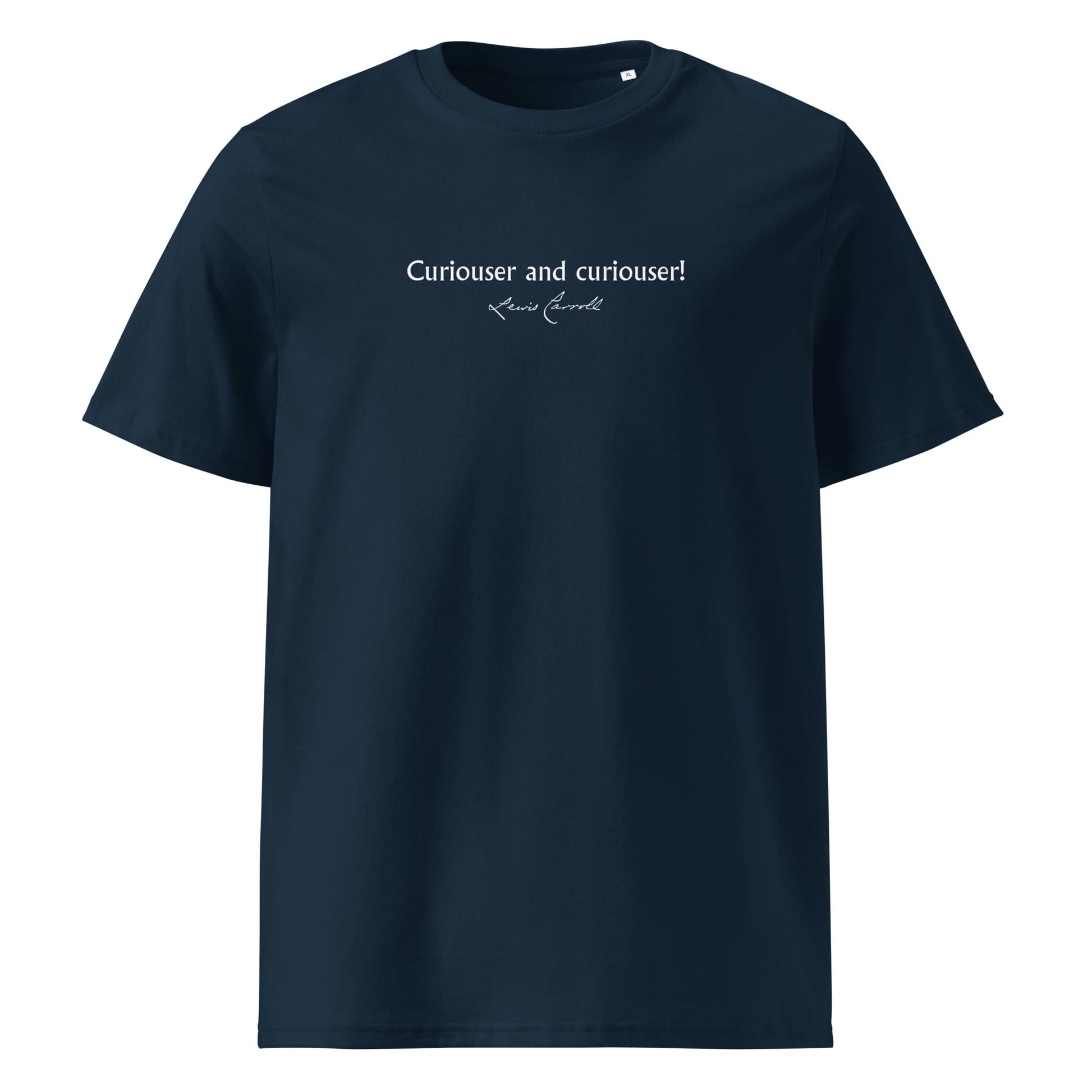 Alice in Wonderland quote T-shirt 'Curiouser and curiouser!' Lewis Carroll, navy front