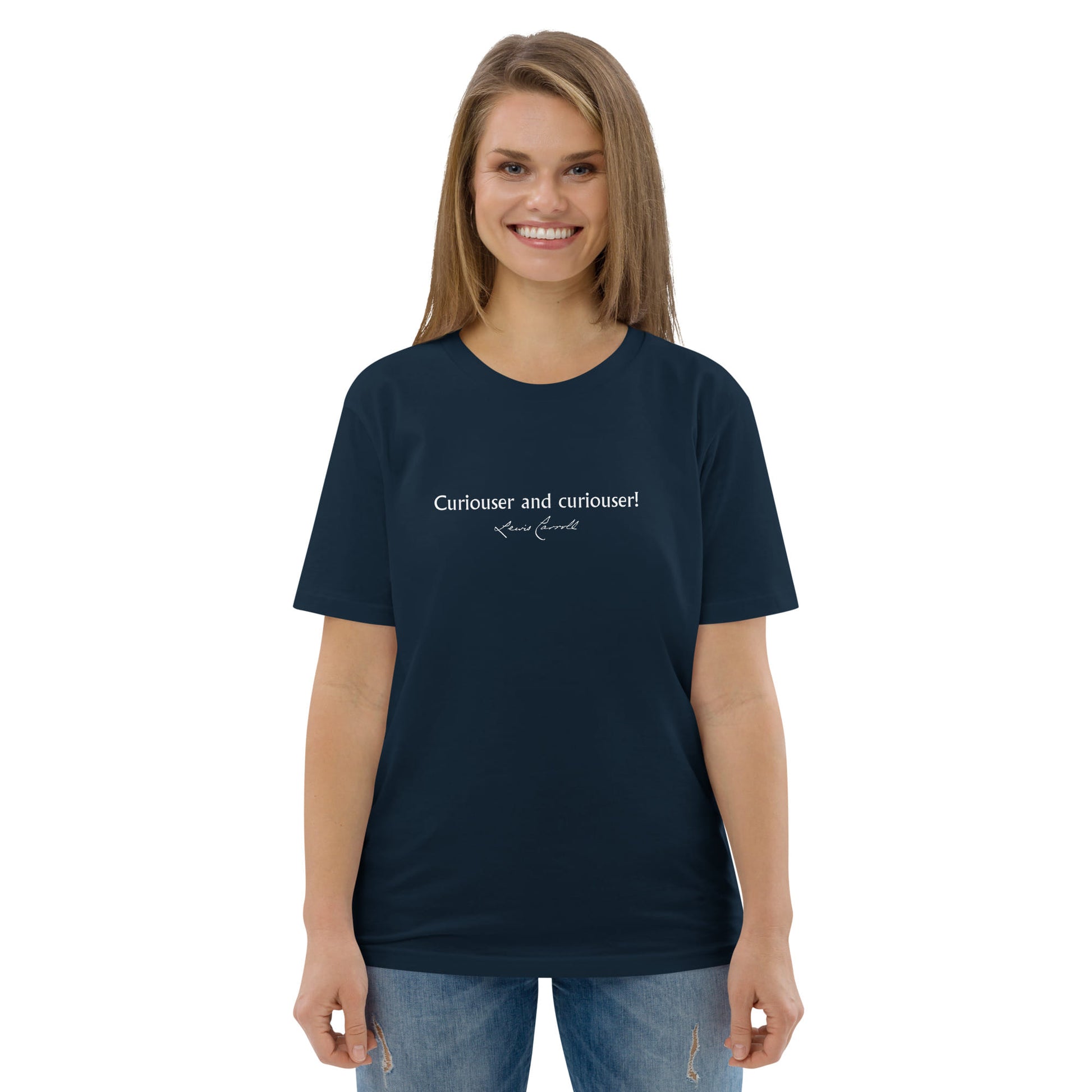 Alice in Wonderland quote T-shirt 'Curiouser and curiouser!' Lewis Carroll, navy portrait
