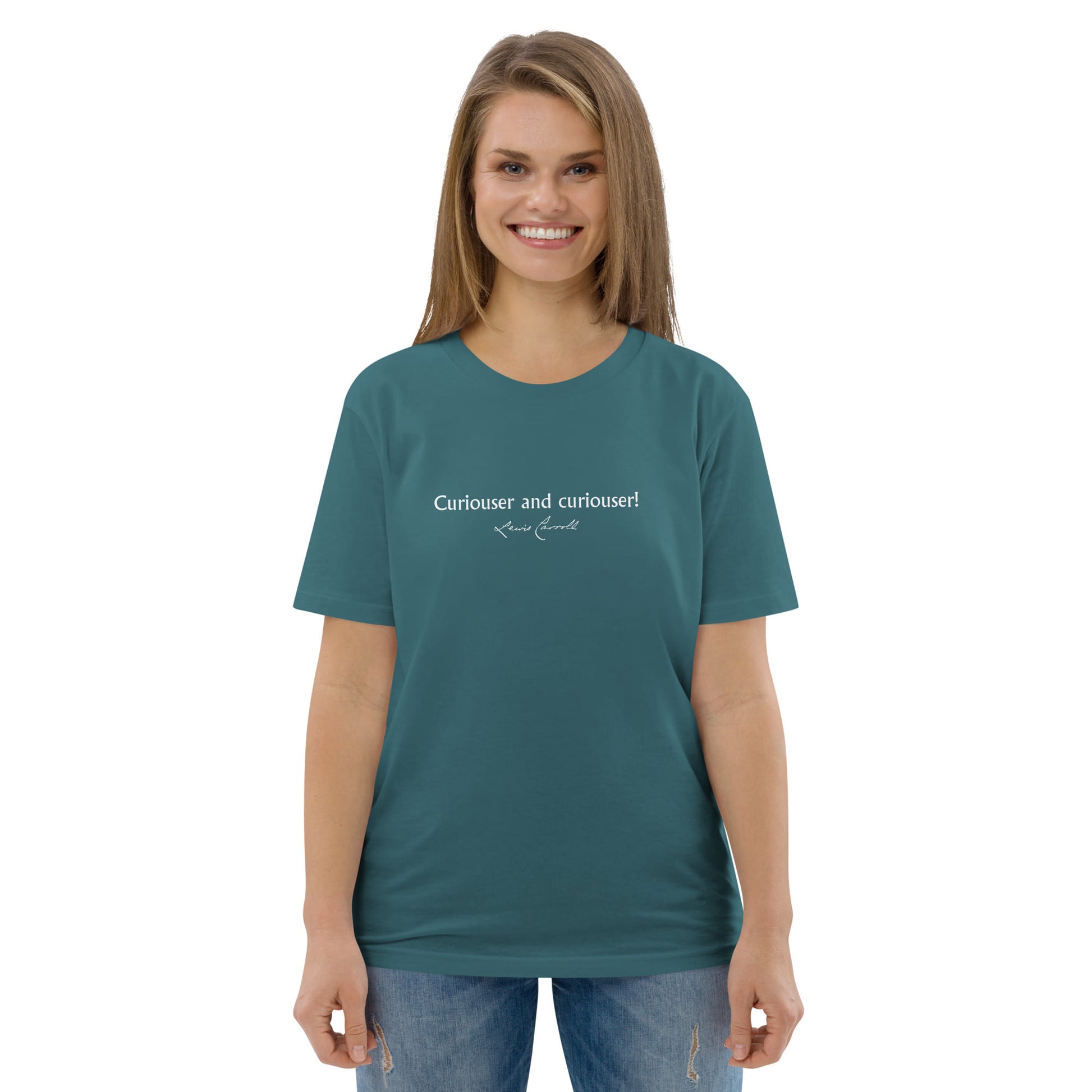 Alice in Wonderland quote T-shirt 'Curiouser and curiouser!' Lewis Carroll, teal portrait