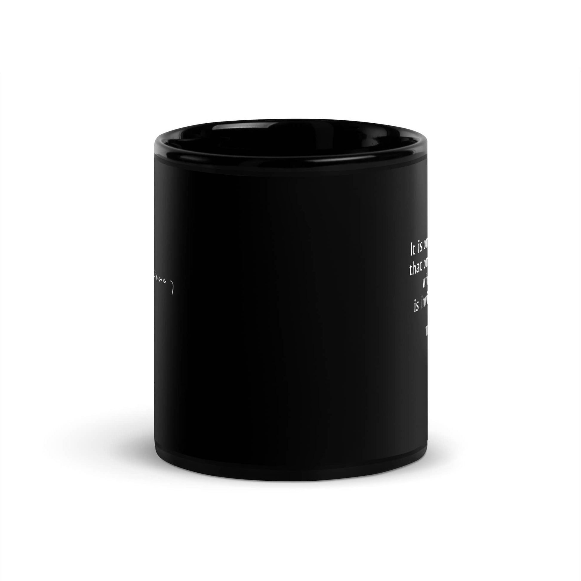 Antoine de Saint-Exupéry quote mug 'Only with the heart', black front