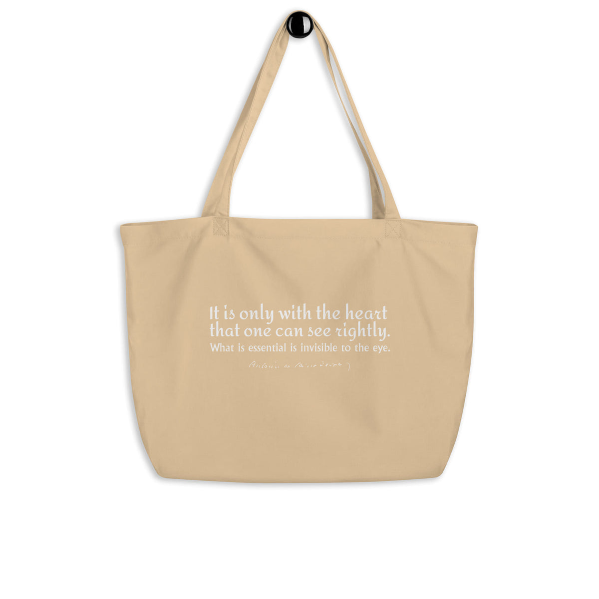 Little Prince quote shopper bag 'It is only with the heart that one can see rightly' Antoine de Saint-Exupéry, beige front