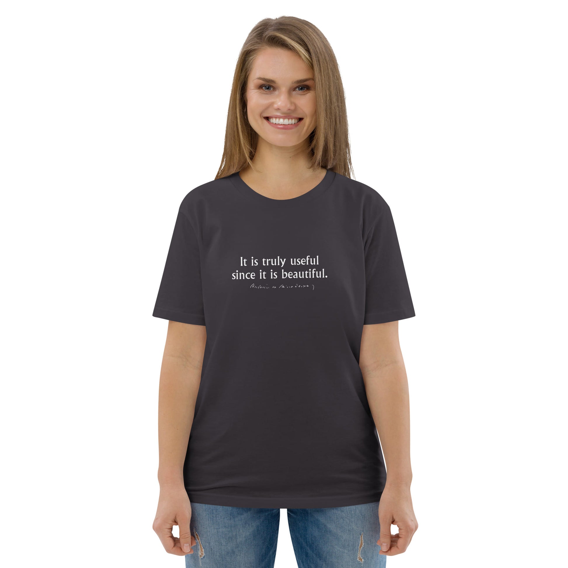 Little Prince quote t-shirt 'It is truly useful since it is beautiful' Antoine de Saint-Exupéry, anthracite portrait