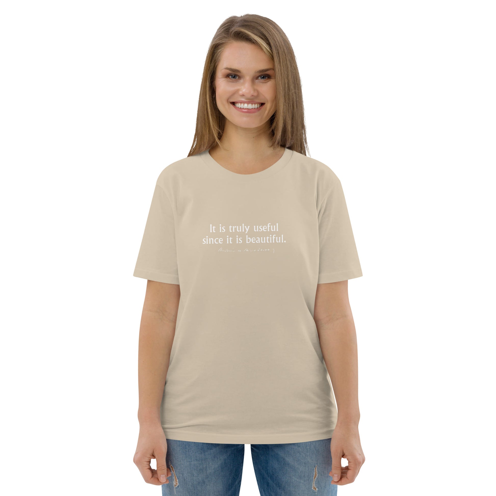 Little Prince quote t-shirt 'It is truly useful since it is beautiful' Antoine de Saint-Exupéry, beige portrait