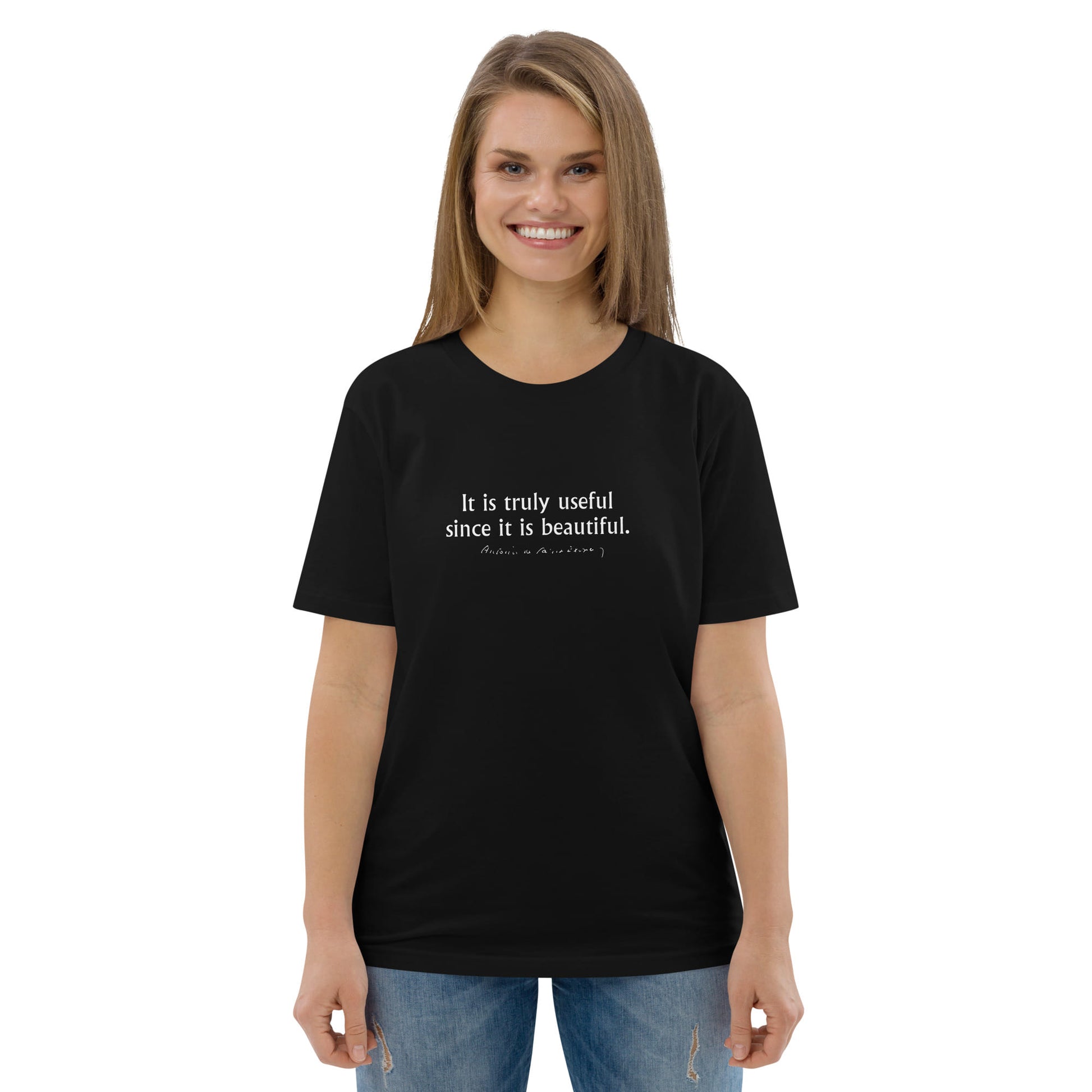 Little Prince quote t-shirt 'It is truly useful since it is beautiful' Antoine de Saint-Exupéry, black portrait