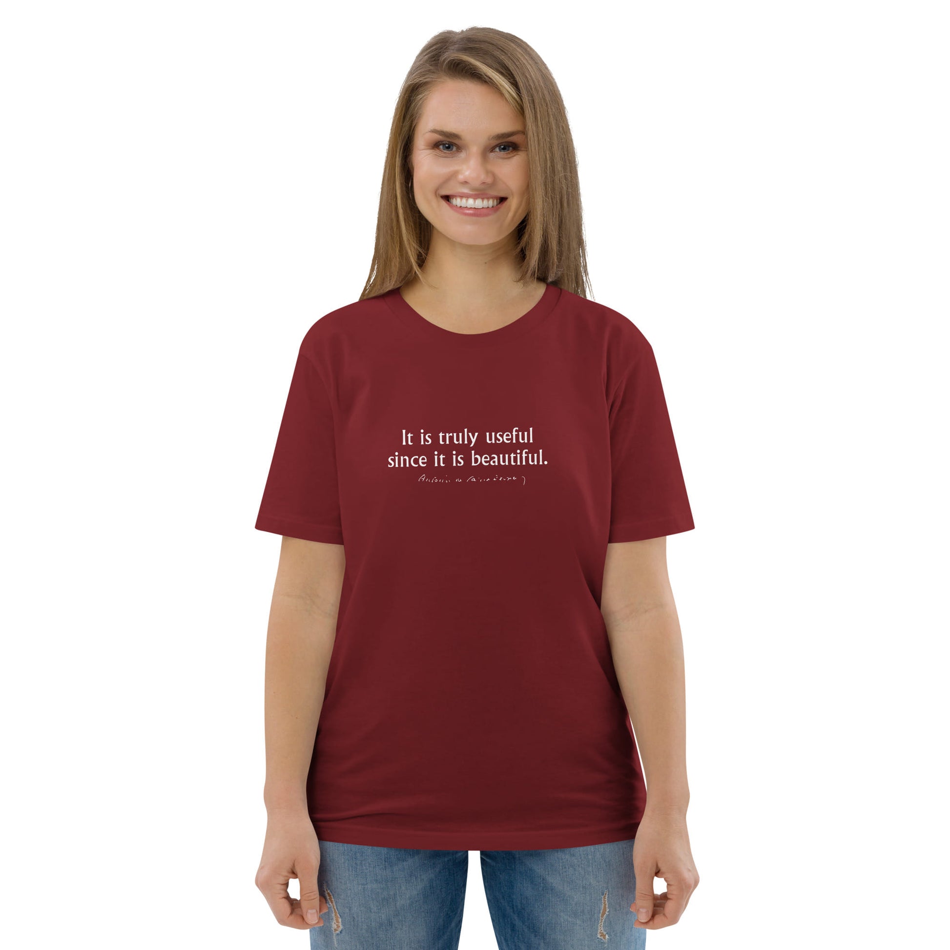 Little Prince quote t-shirt 'It is truly useful since it is beautiful' Antoine de Saint-Exupéry, burgundy portrait