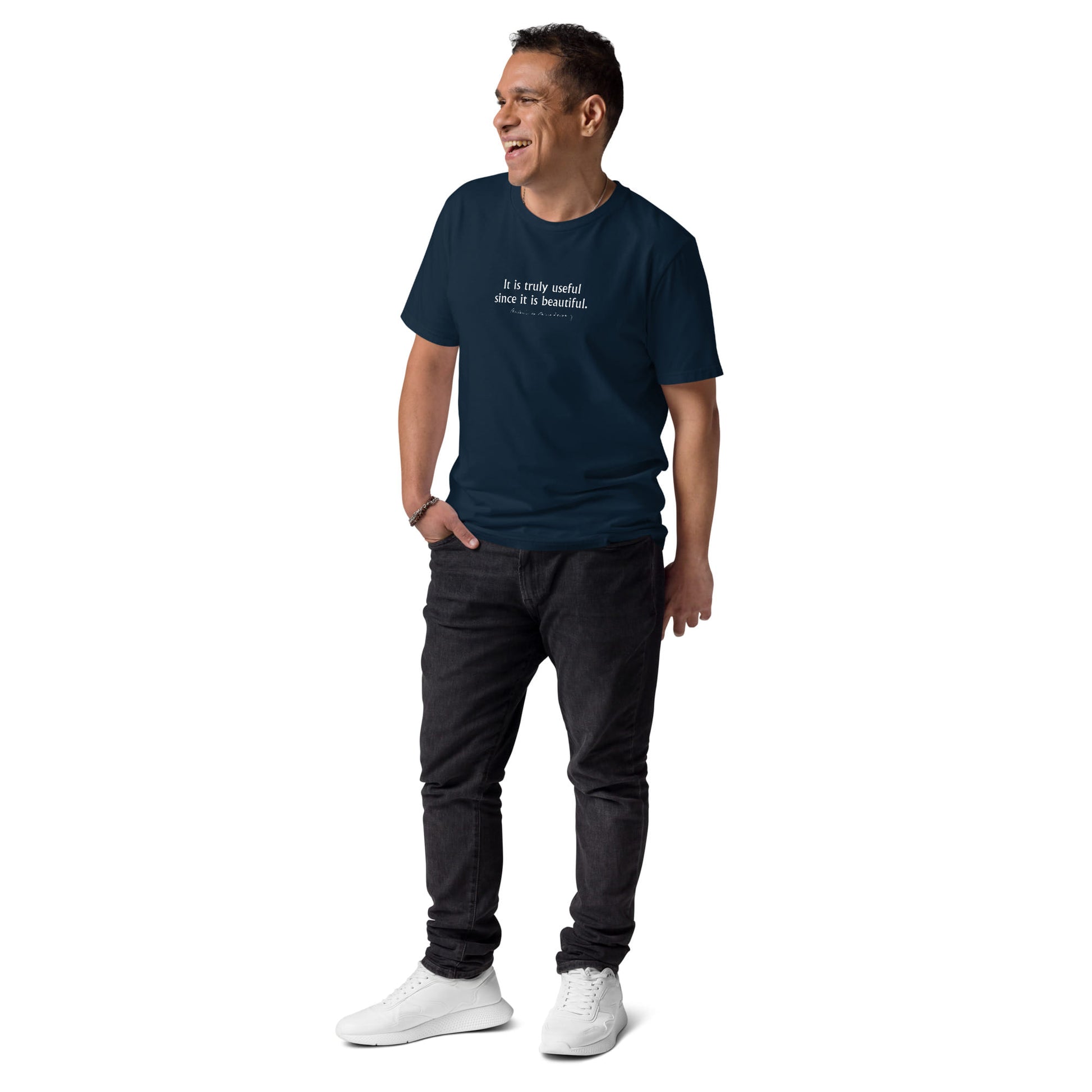 Little Prince quote t-shirt 'It is truly useful since it is beautiful' Antoine de Saint-Exupéry, navy model view