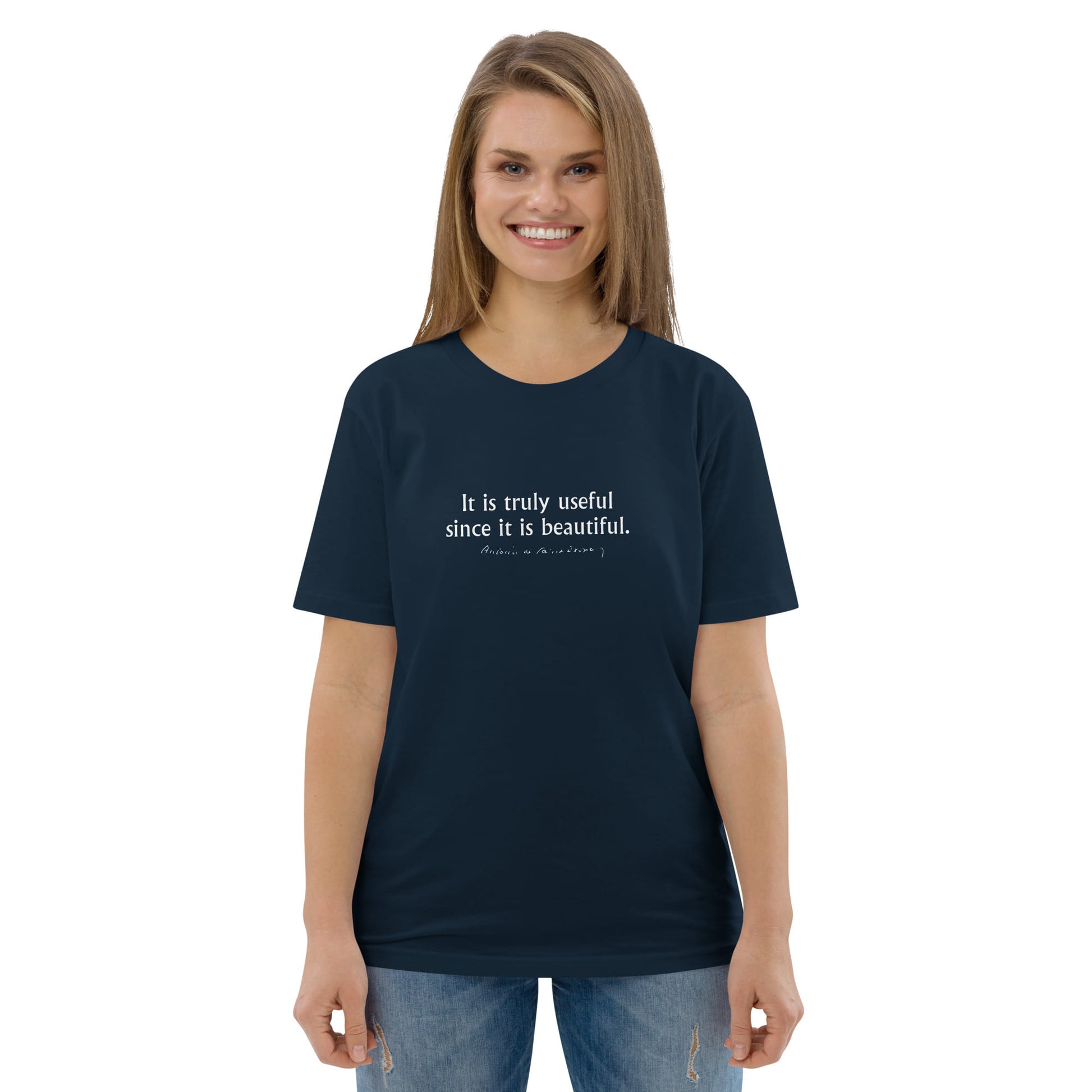 Little Prince quote t-shirt 'It is truly useful since it is beautiful' Antoine de Saint-Exupéry, navy portrait