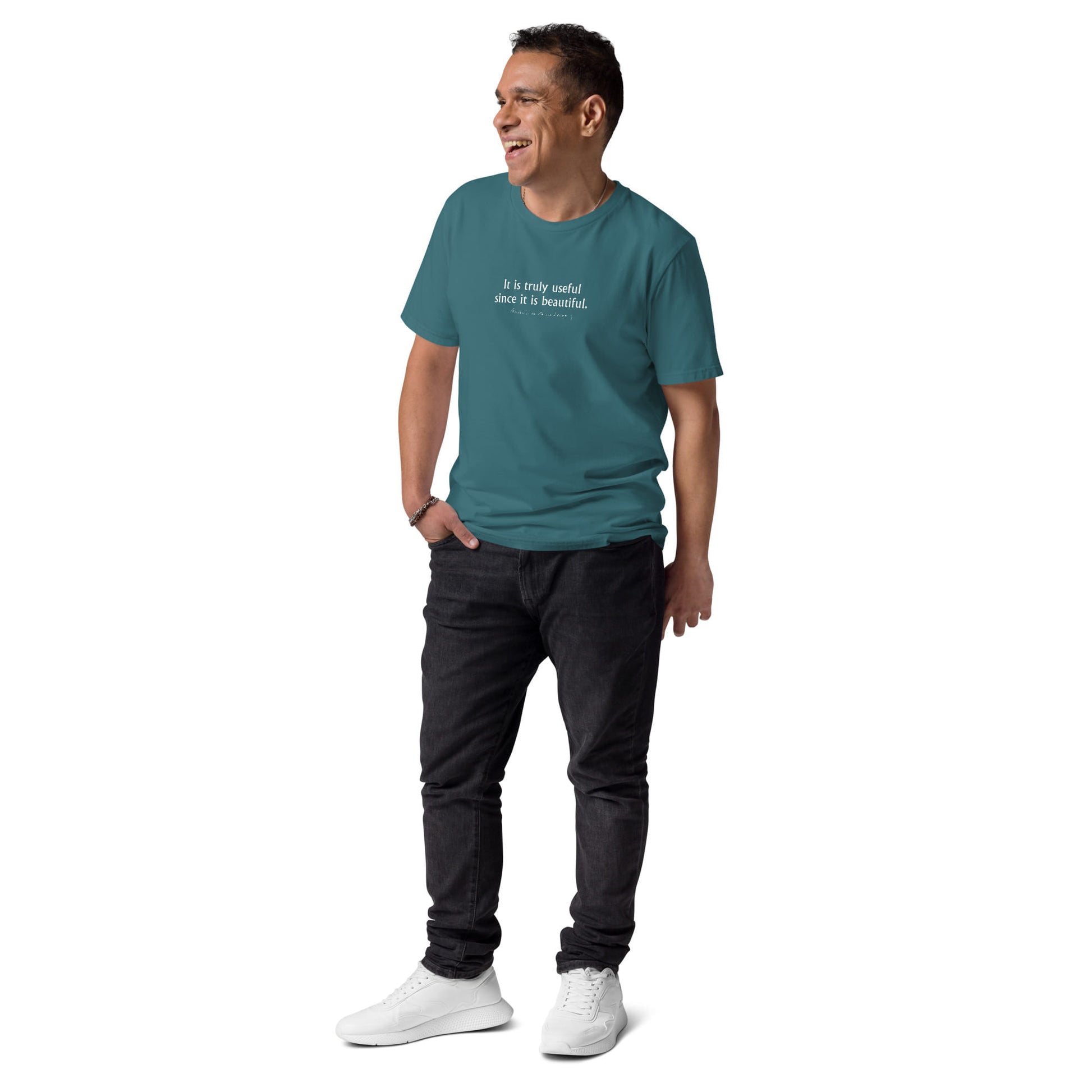 Little Prince quote t-shirt 'It is truly useful since it is beautiful' Antoine de Saint-Exupéry, teal model view