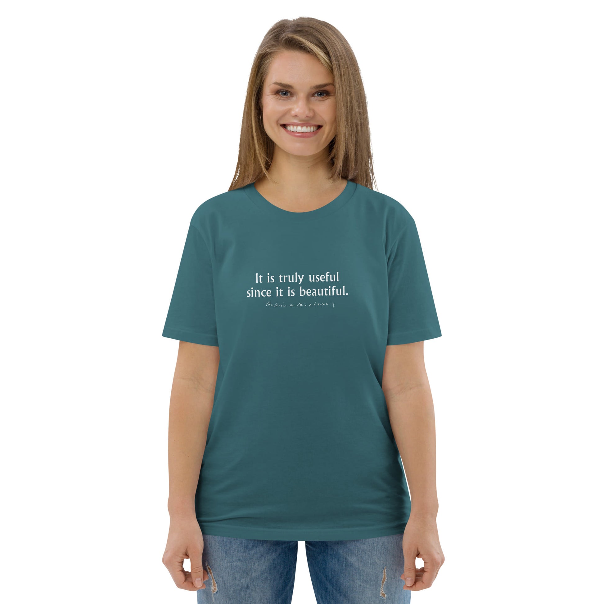 Little Prince quote t-shirt 'It is truly useful since it is beautiful' Antoine de Saint-Exupéry, teal portrait