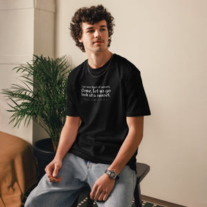 The Little Prince quote T-shirt 'I am very fond of sunsets' Antoine de Saint-Exupéry, black mockup