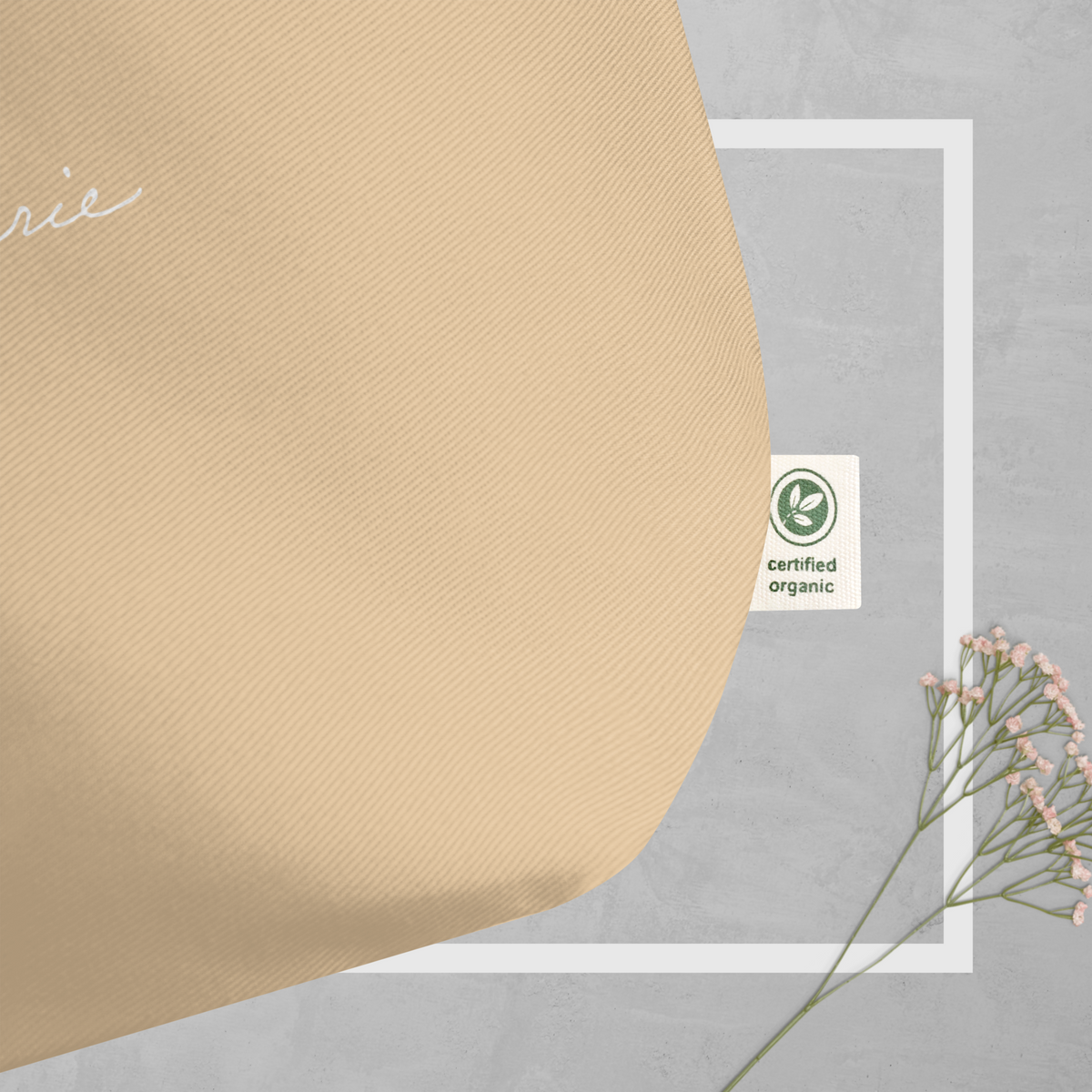 Certified organic tag on beige shopper