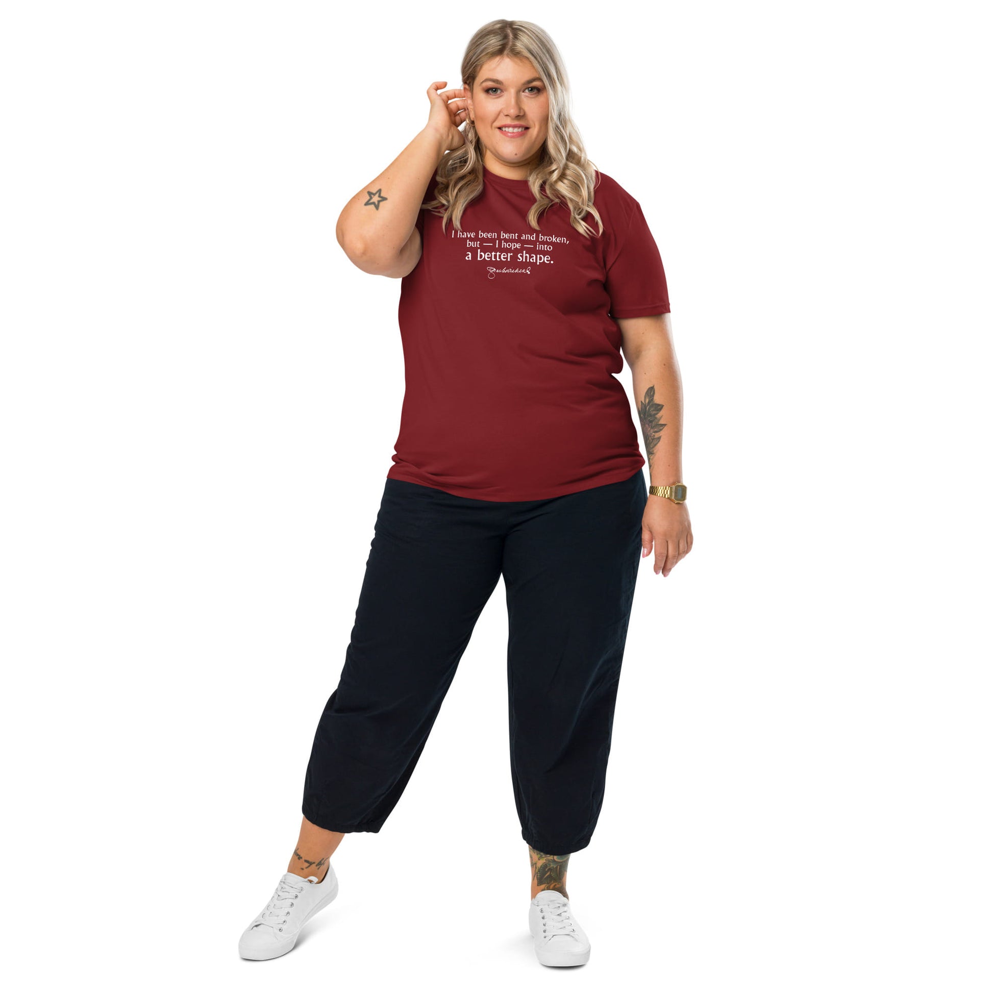 Charles Dickens quote T-shirt 'I have been bent and broken', burgundy model