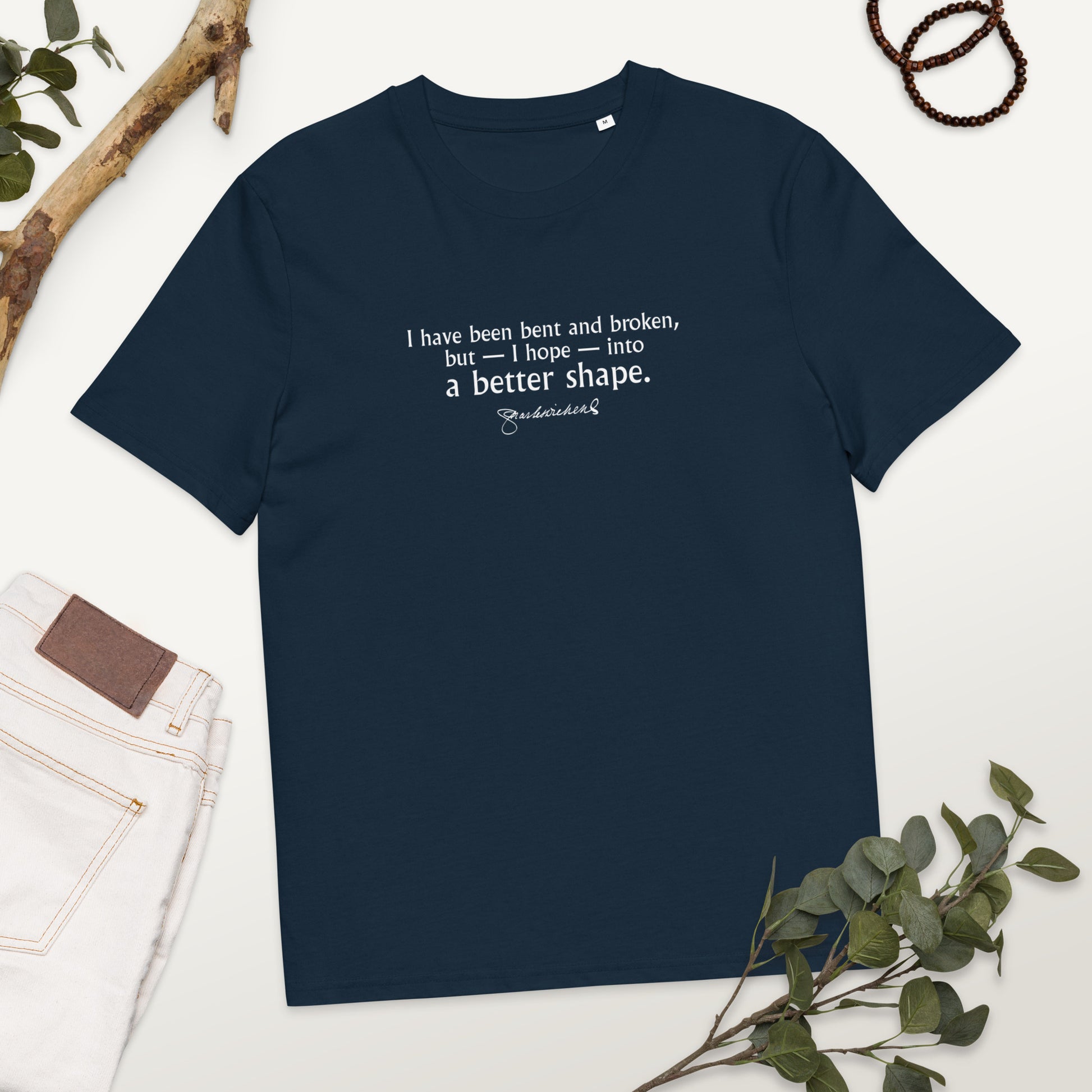 Charles Dickens quote T-shirt 'I have been bent and broken', navy mockup