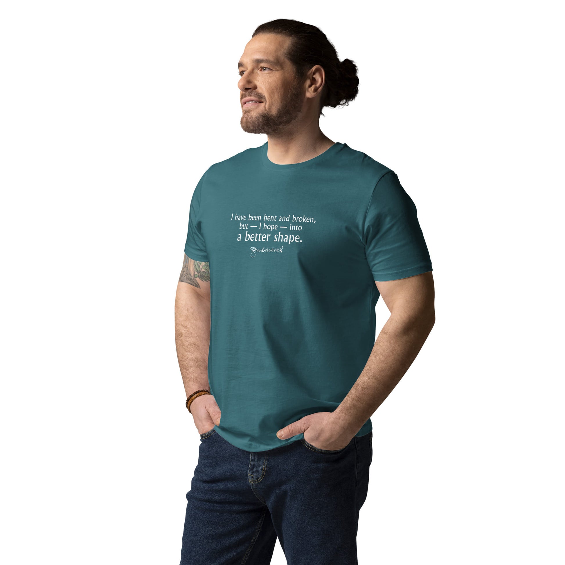 Charles Dickens quote T-shirt 'I have been bent and broken', teal portrait