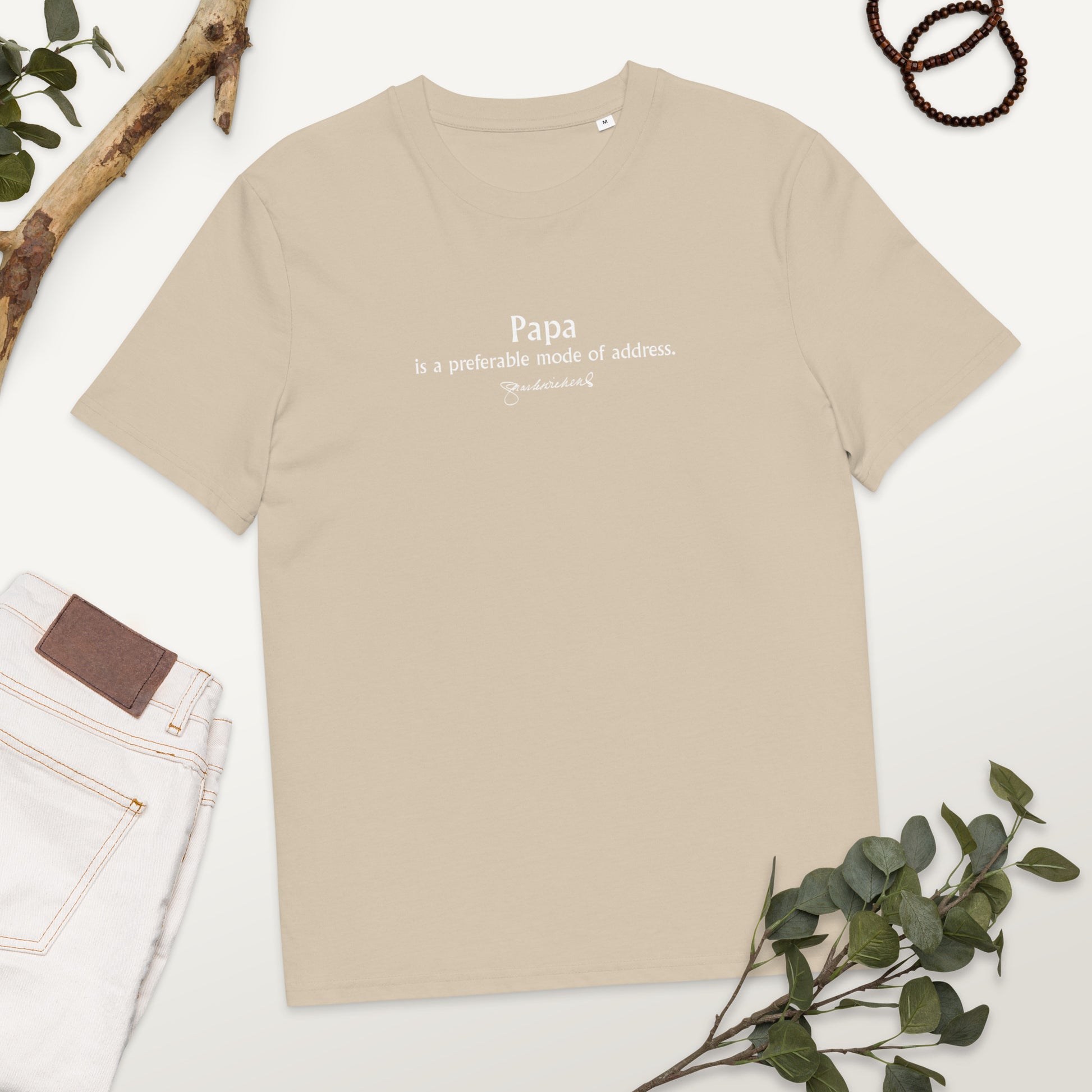 Charles Dickens quote T-shirt 'Papa is a preferable mode of address', beige mockup