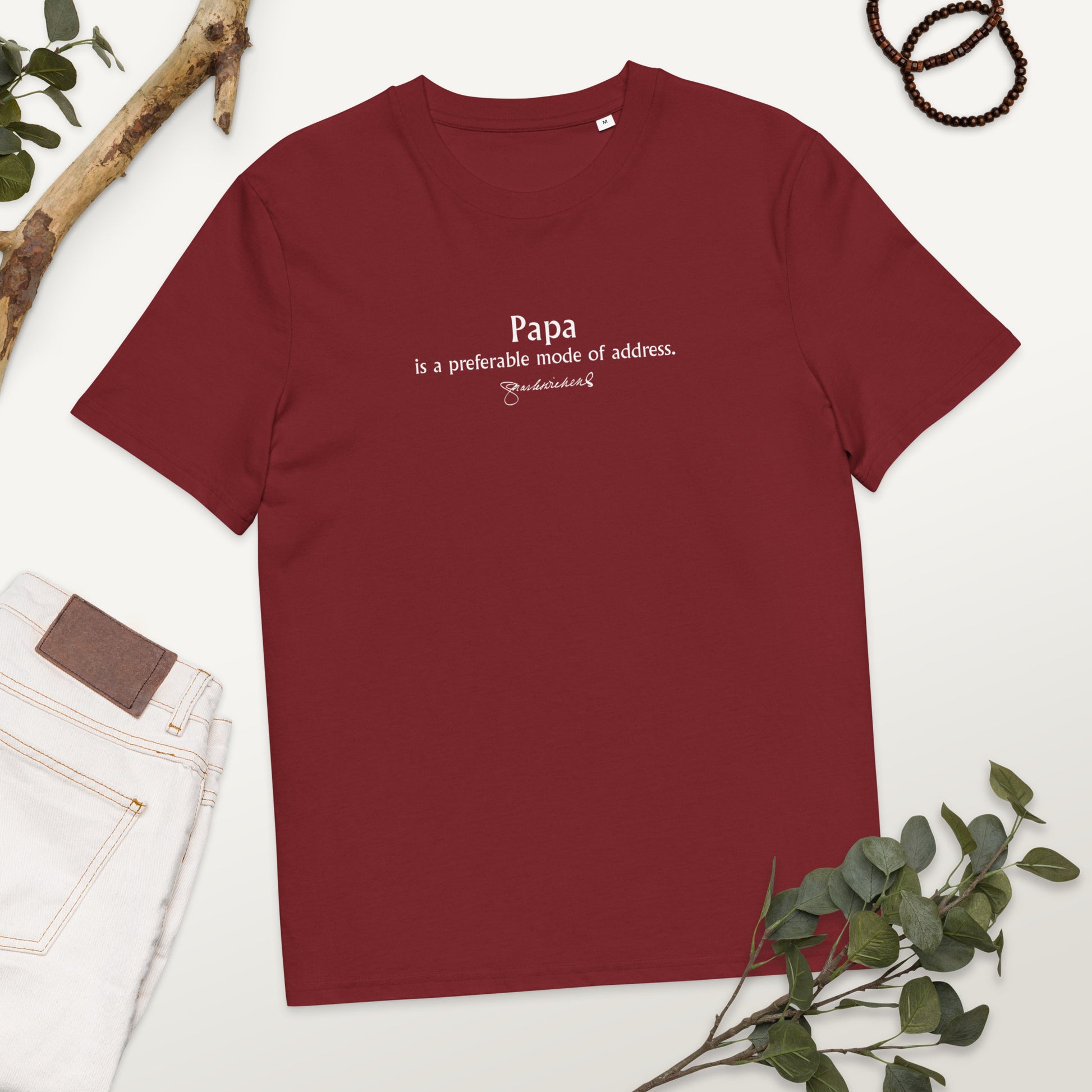 Charles Dickens quote T-shirt 'Papa is a preferable mode of address', burgundy mockup