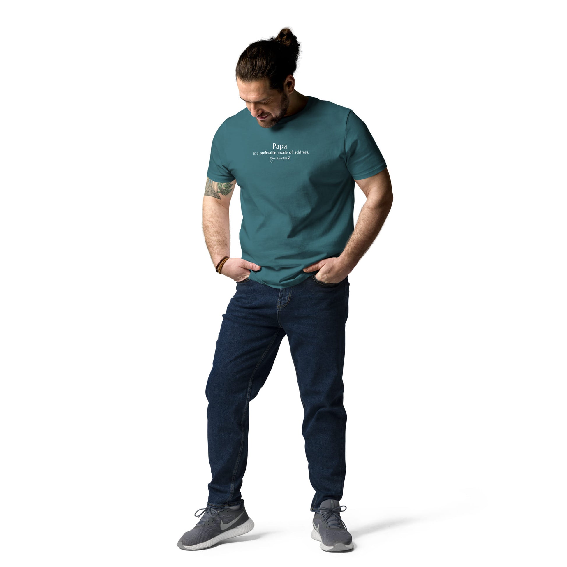 Charles Dickens quote T-shirt 'Papa is a preferable mode of address', teal model
