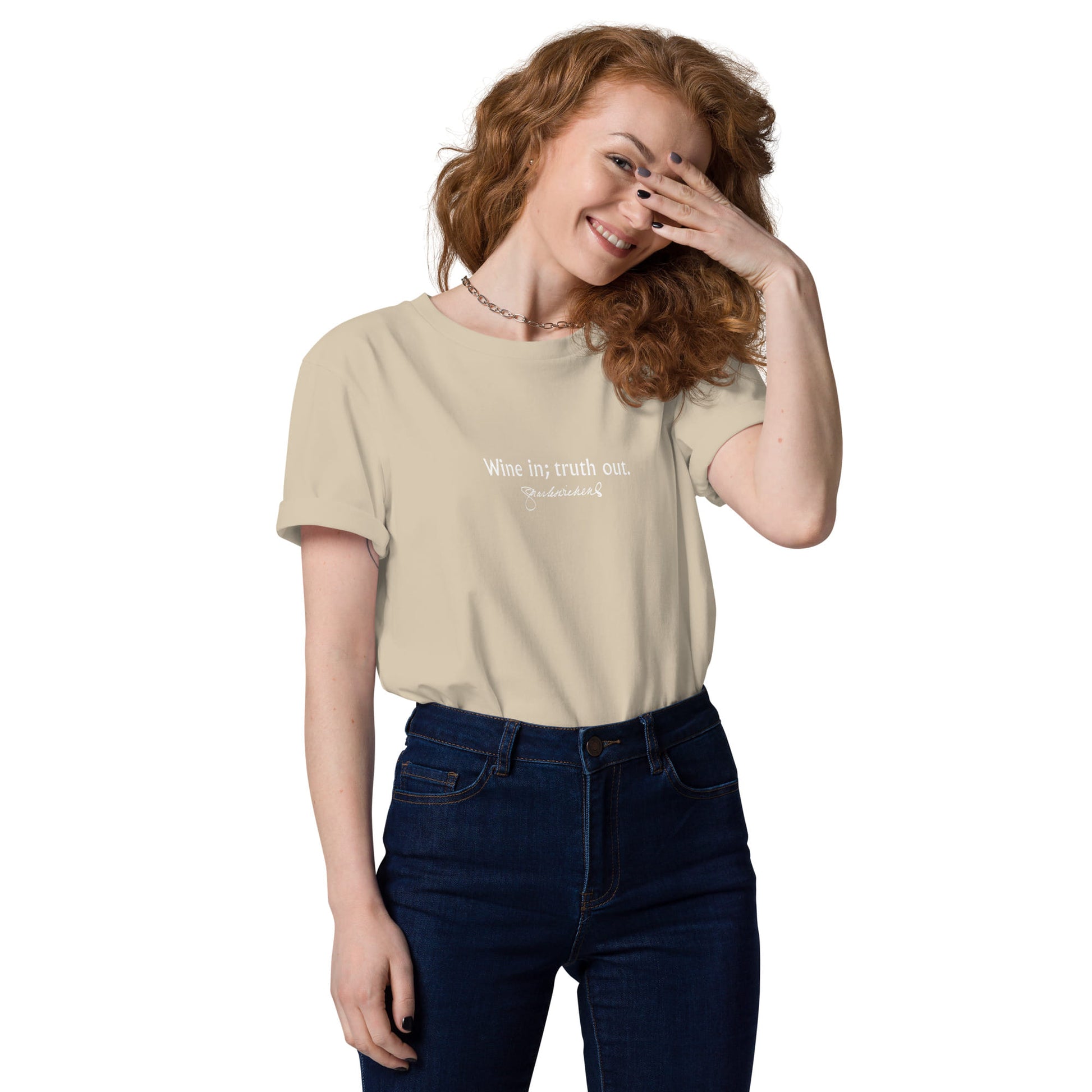 Charles Dickens funny quote t-shirt 'Wine in truth out', beige portrait