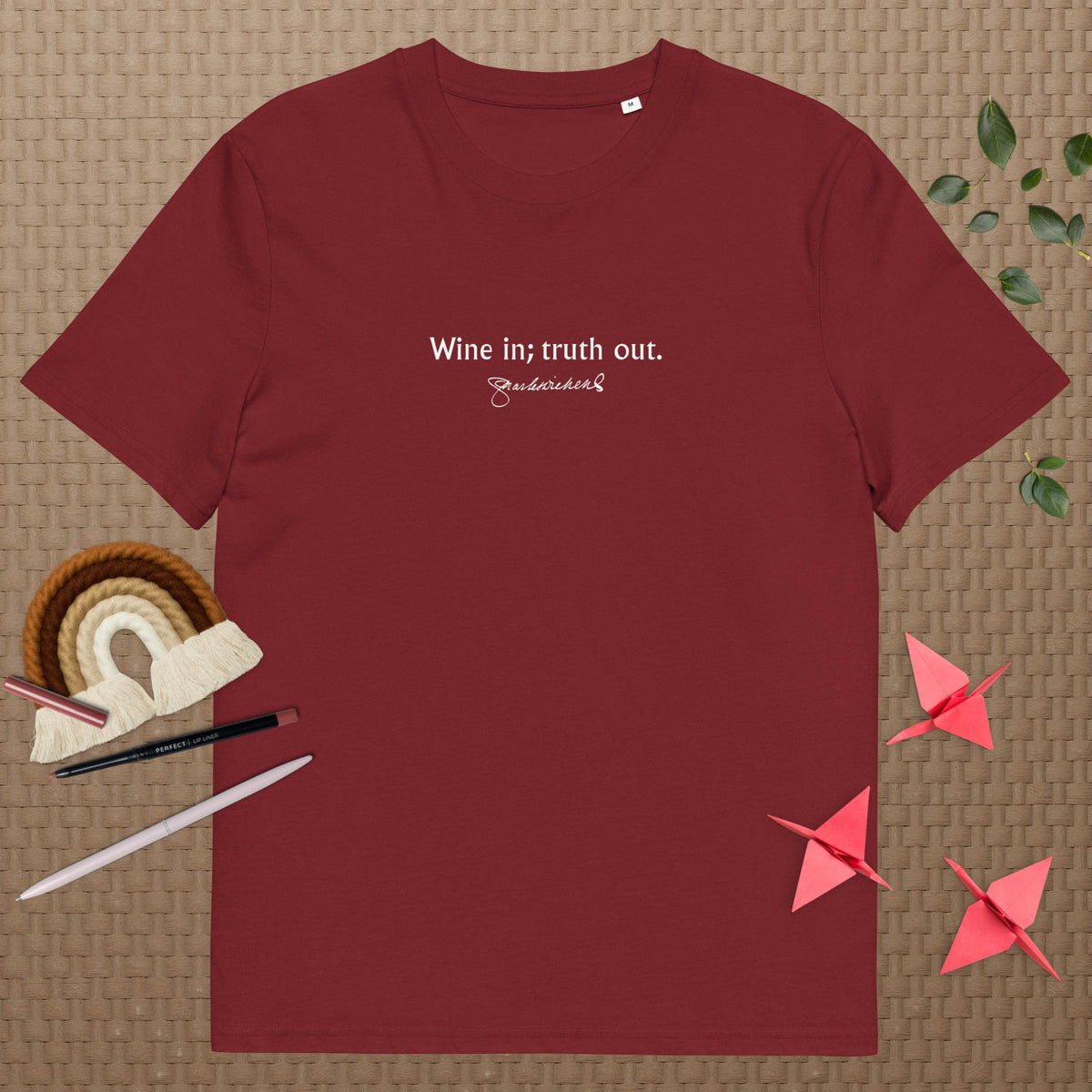 Charles Dickens funny quote t-shirt 'Wine in truth out', burgundy mockup