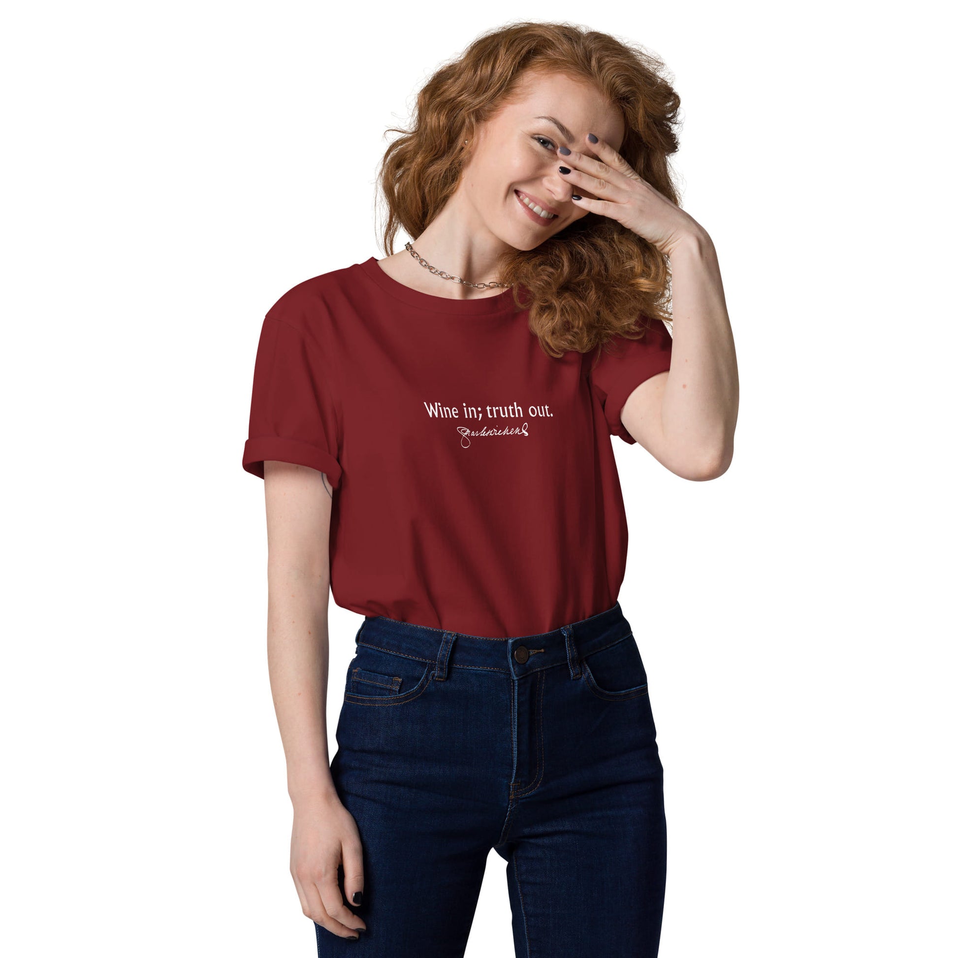 Charles Dickens funny quote t-shirt 'Wine in truth out', burgundy portrait