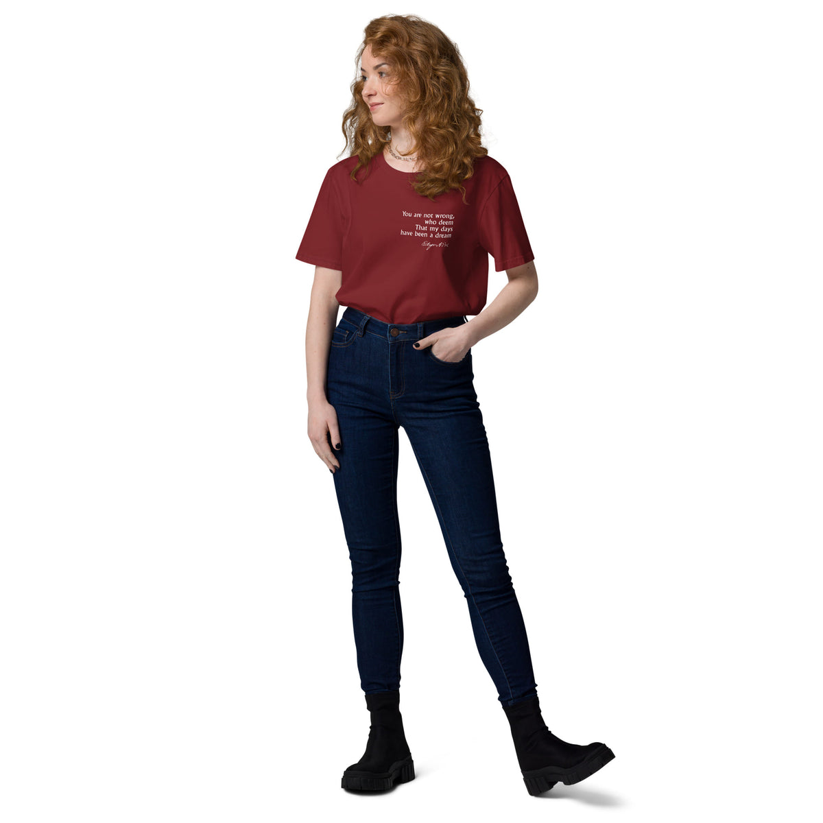 Edgar Allan Poe poetry quote T-shirt 'My days have been a dream', burgundy model
