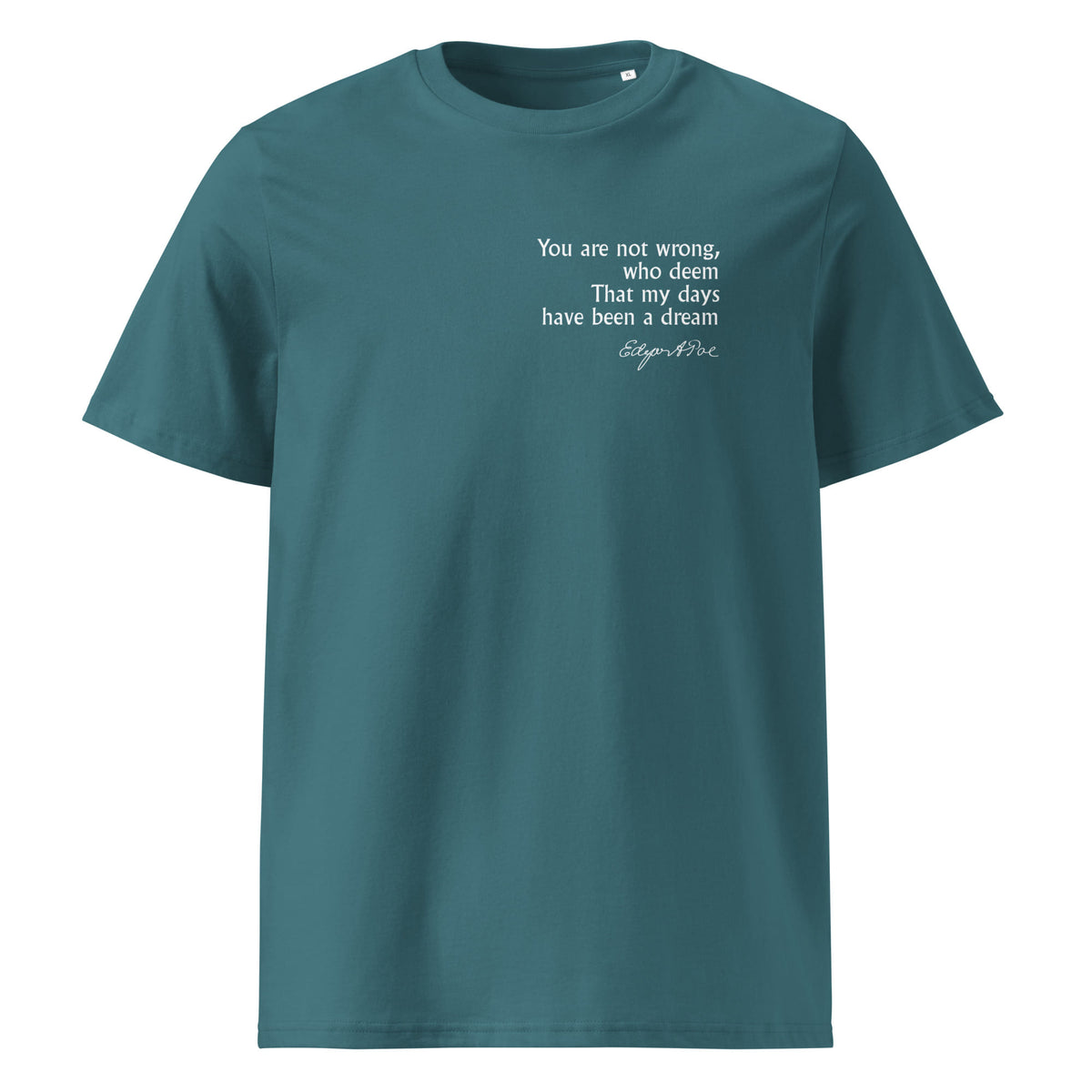 Edgar Allan Poe poetry quote T-shirt 'My days have been a dream', teal front