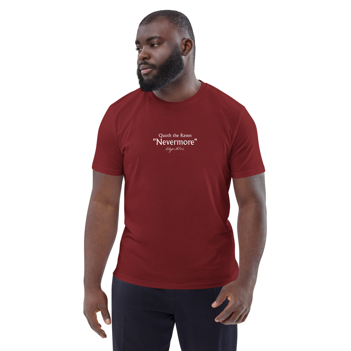 Edgar Allan Poe poetry T-shirt 'Quoth the Raven, Nevermore', burgundy portrait