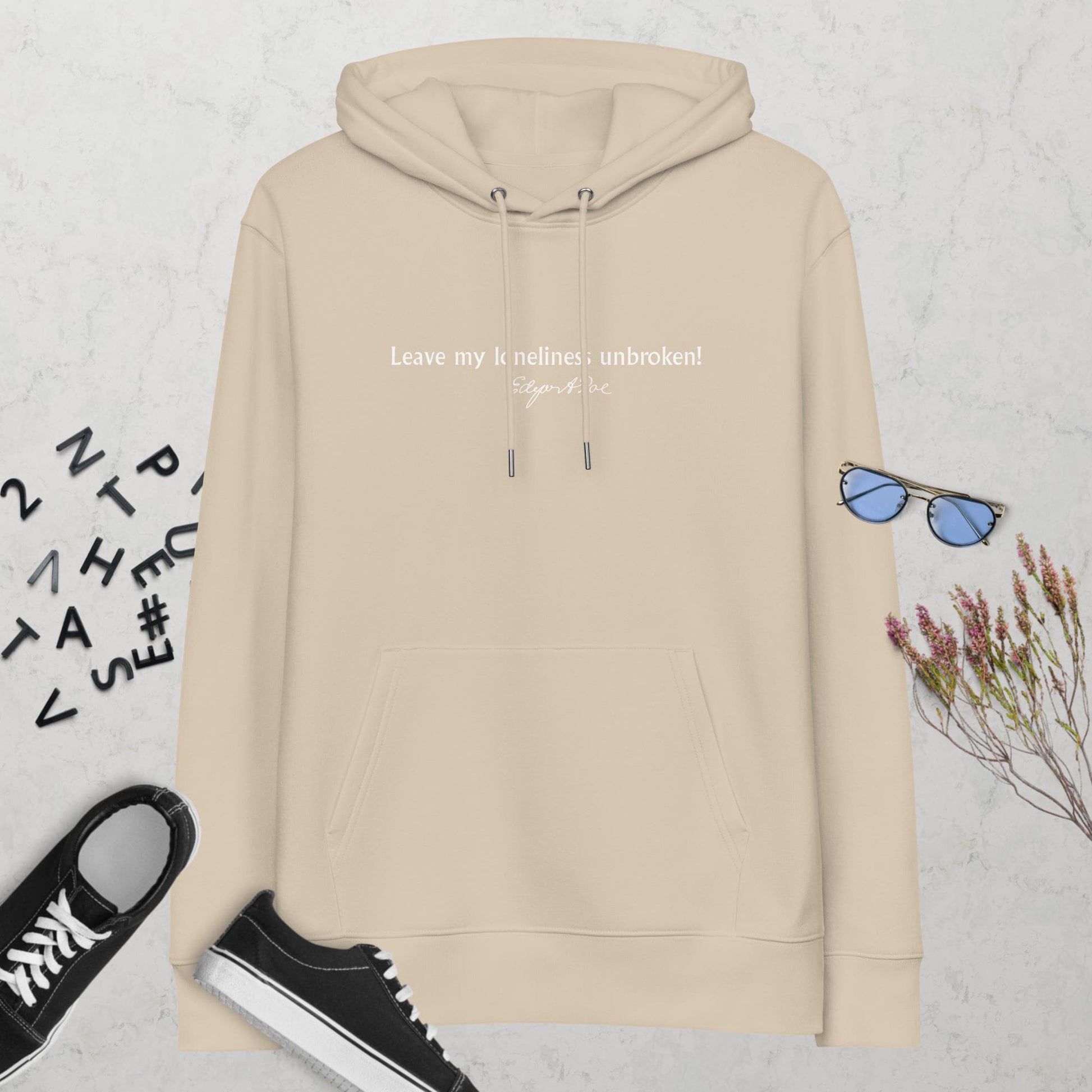 Edgar Allan Poe quote hoodie 'Leave my loneliness unbroken' The Raven, beige mockup