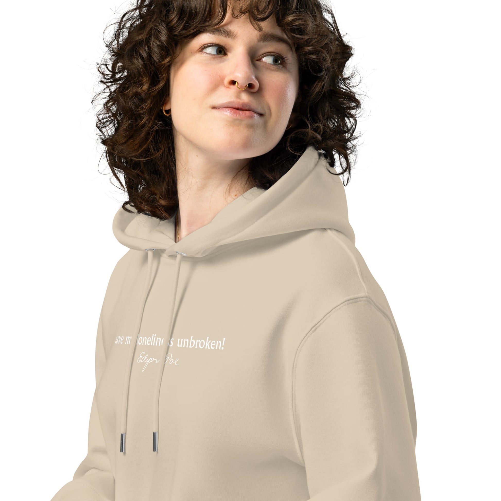 Edgar Allan Poe quote hoodie 'Leave my loneliness unbroken' The Raven, beige portrait