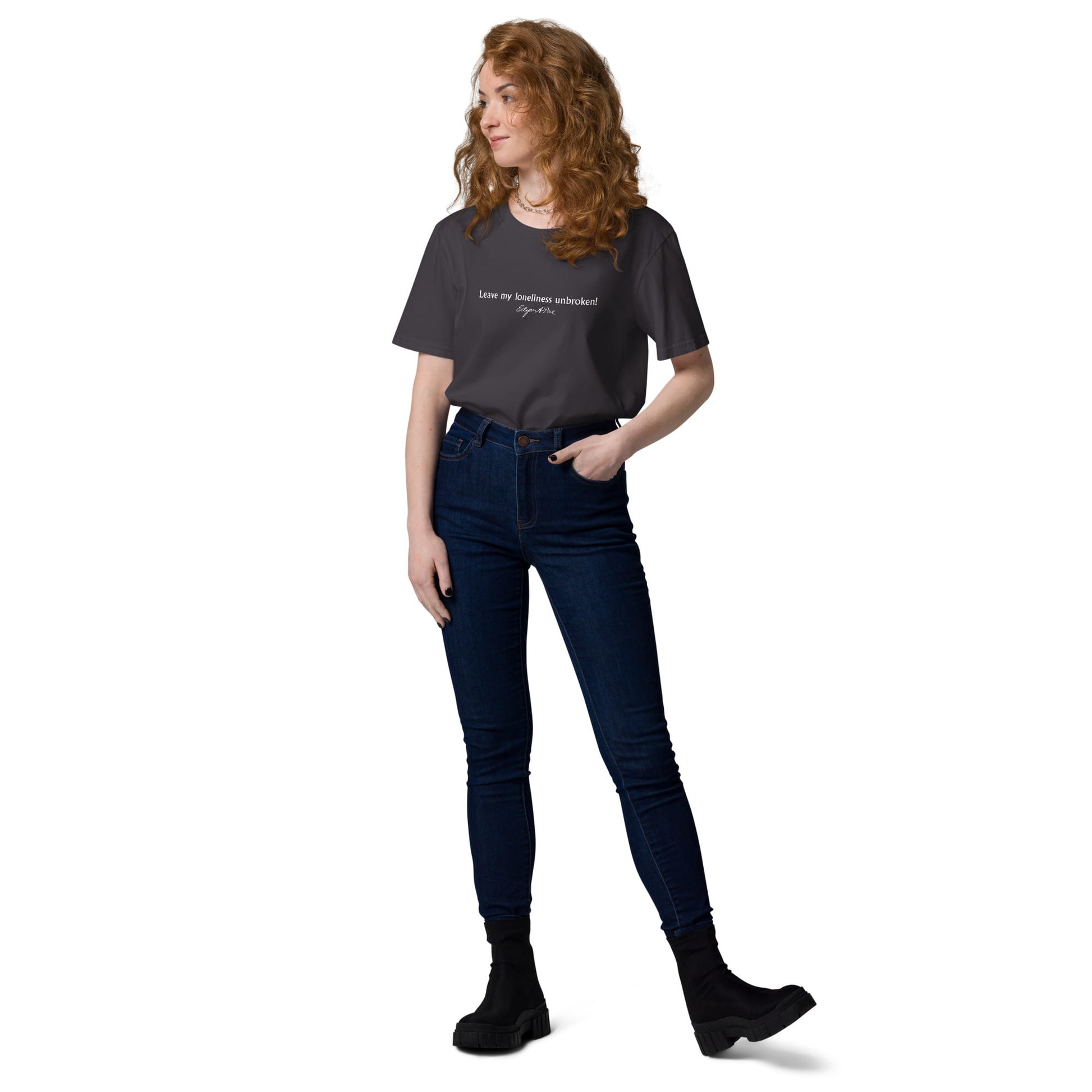 Edgar Allan Poe quote t-shirt 'Leave my loneliness unbroken' The Raven, anthracite model view