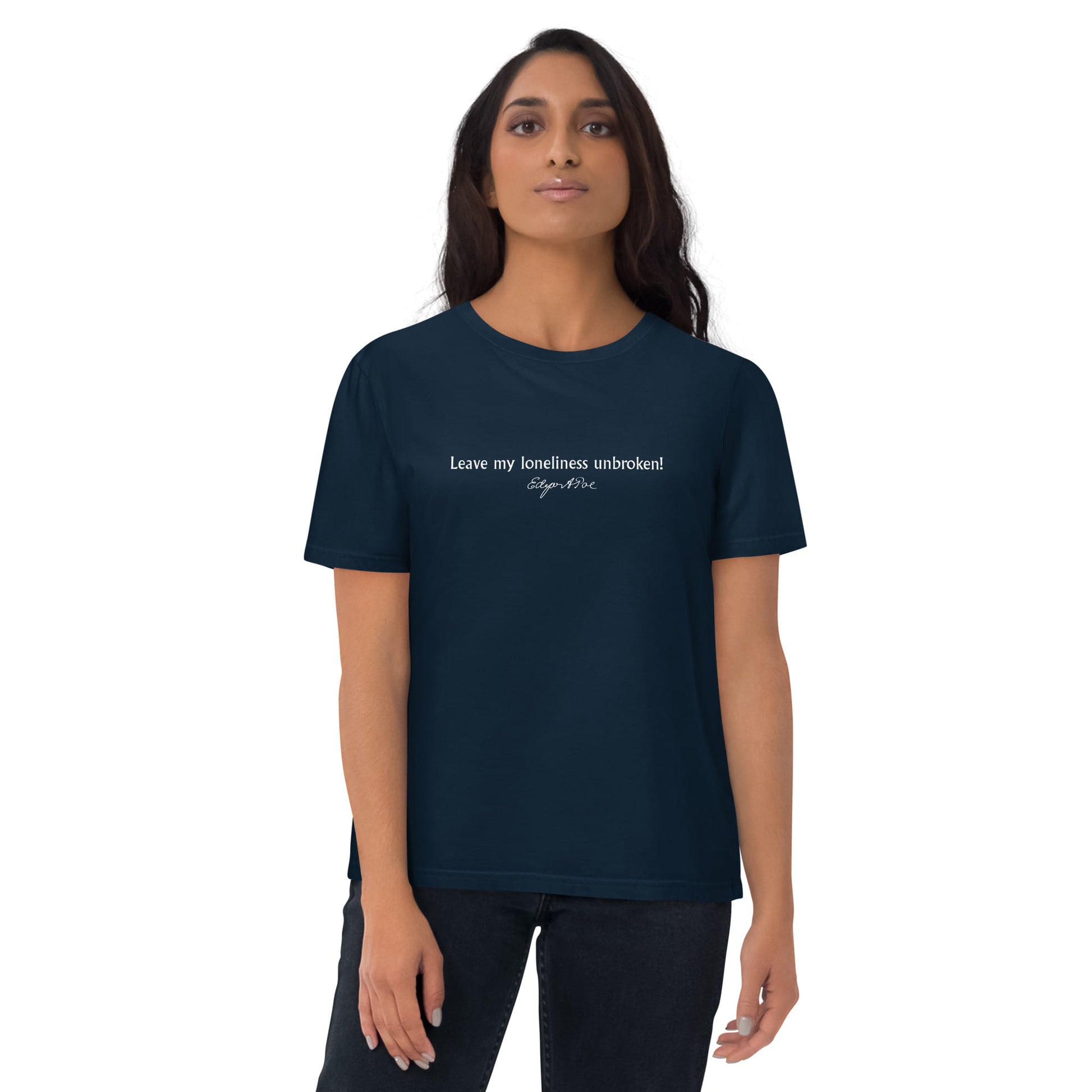 Edgar Allan Poe quote t-shirt 'Leave my loneliness unbroken' The Raven, navy portrait