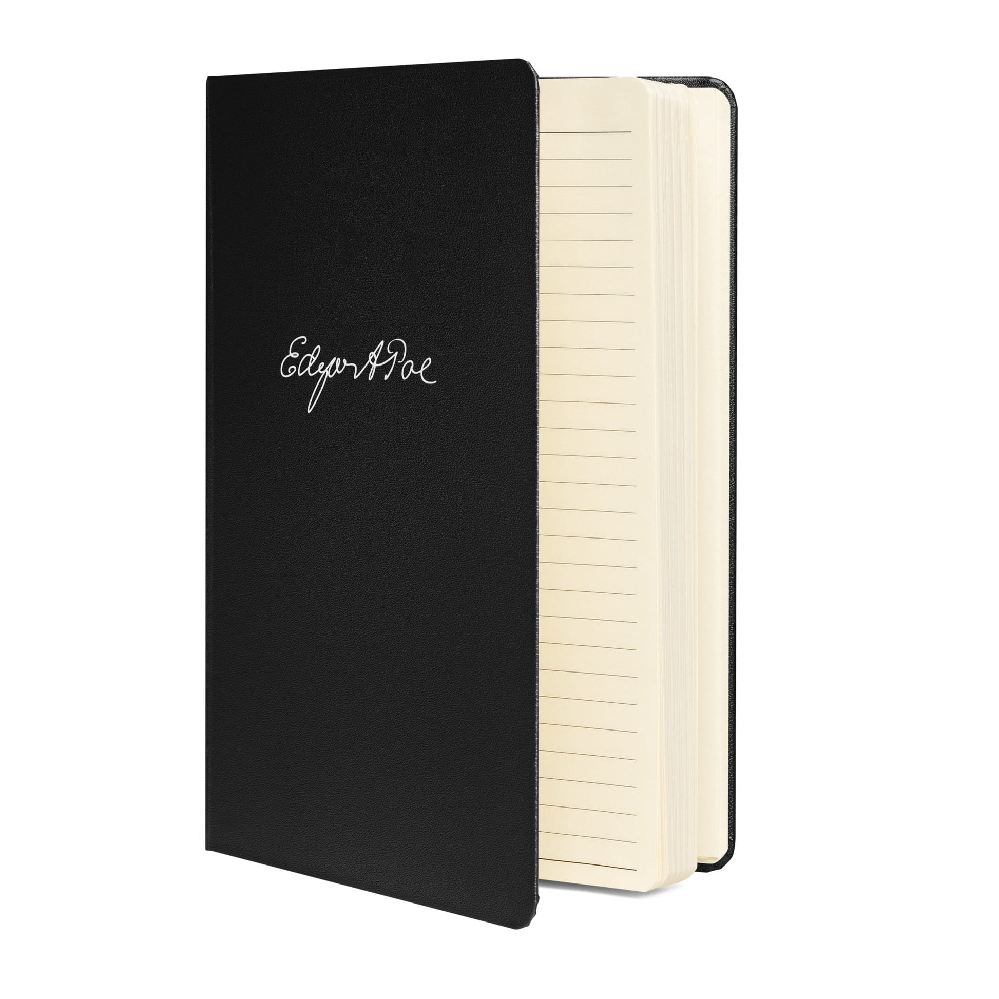 Edgar Allan Poe signature black notebook side view