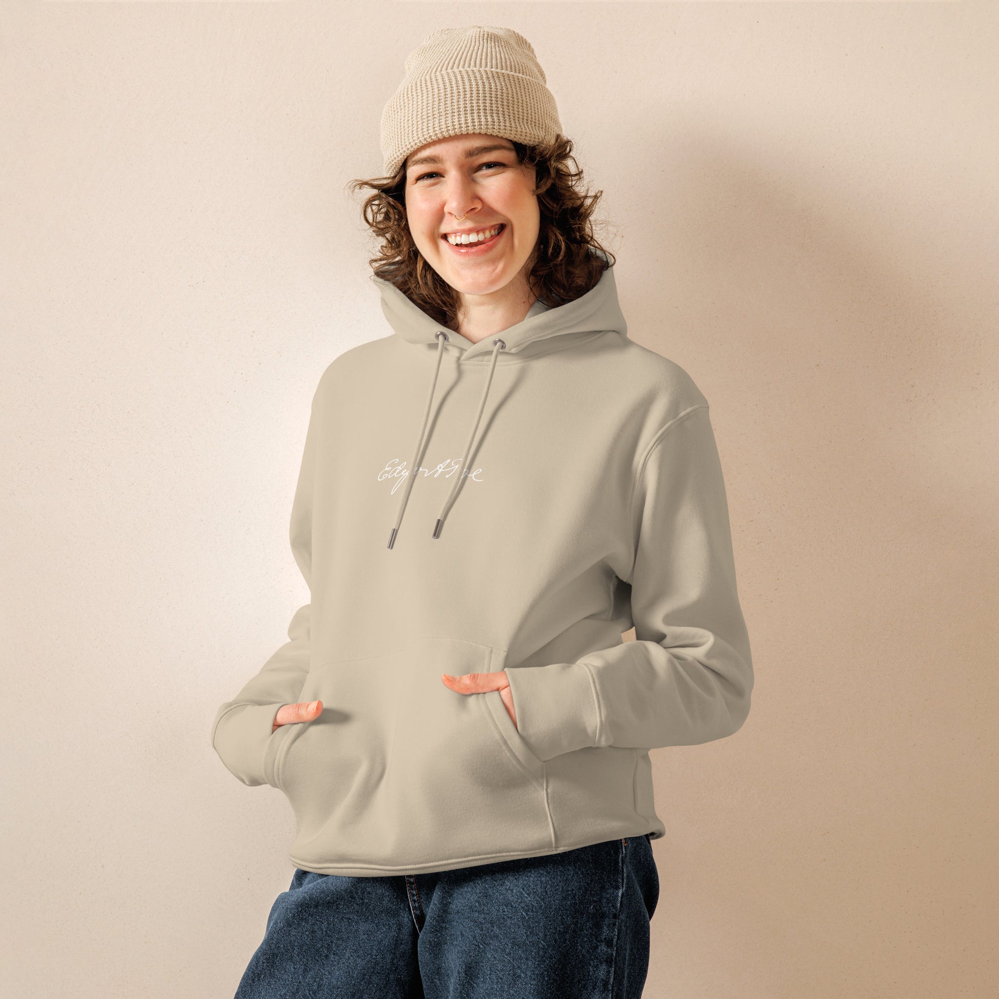 Edgar Allan Poe signature beige hoodie model front