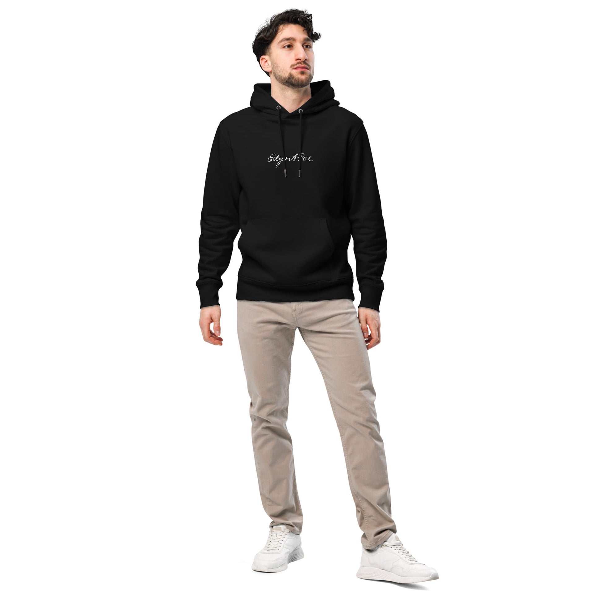 Edgar Allan Poe signature black hoodie model view
