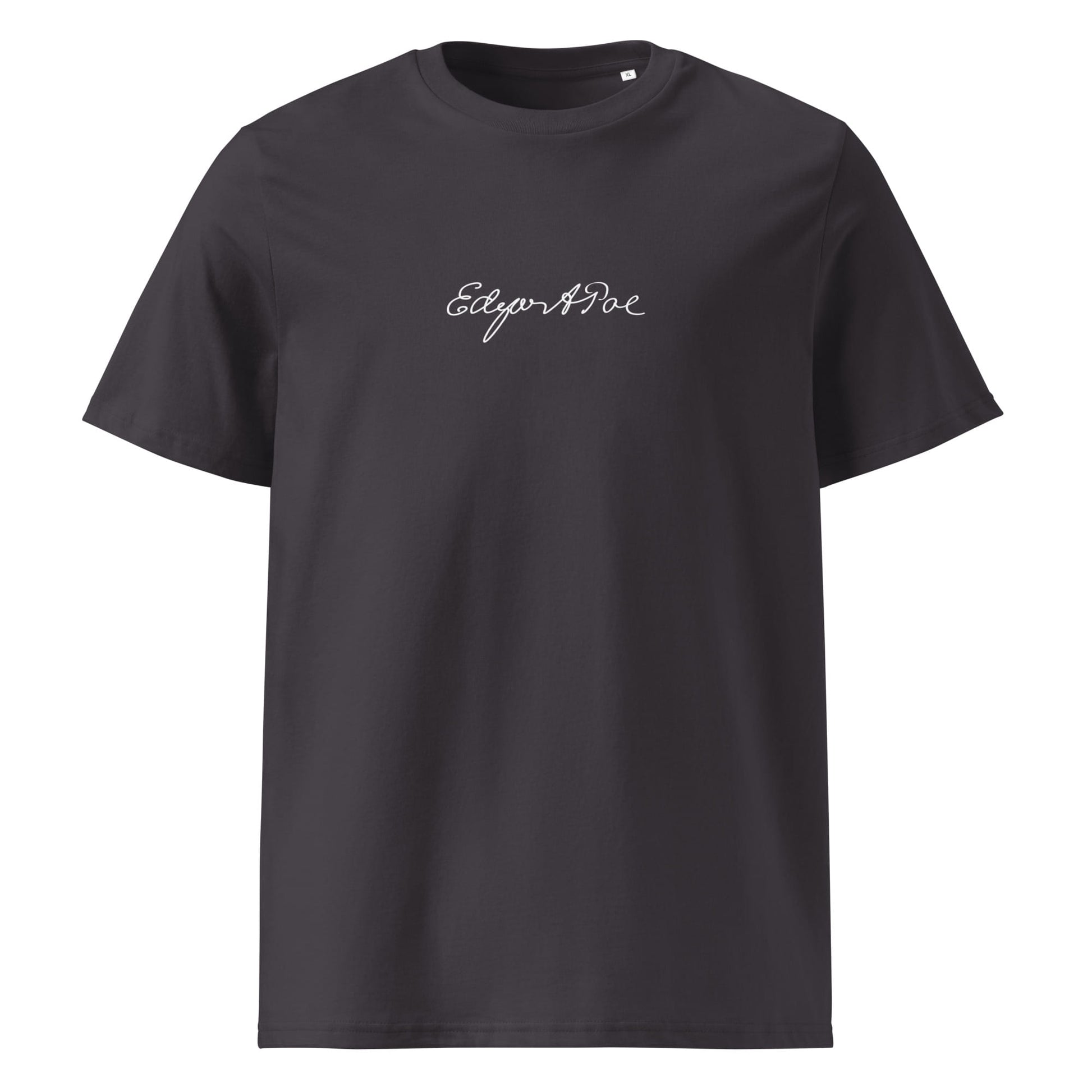 Edgar Allan Poe signature organic anthracite t-shirt front view
