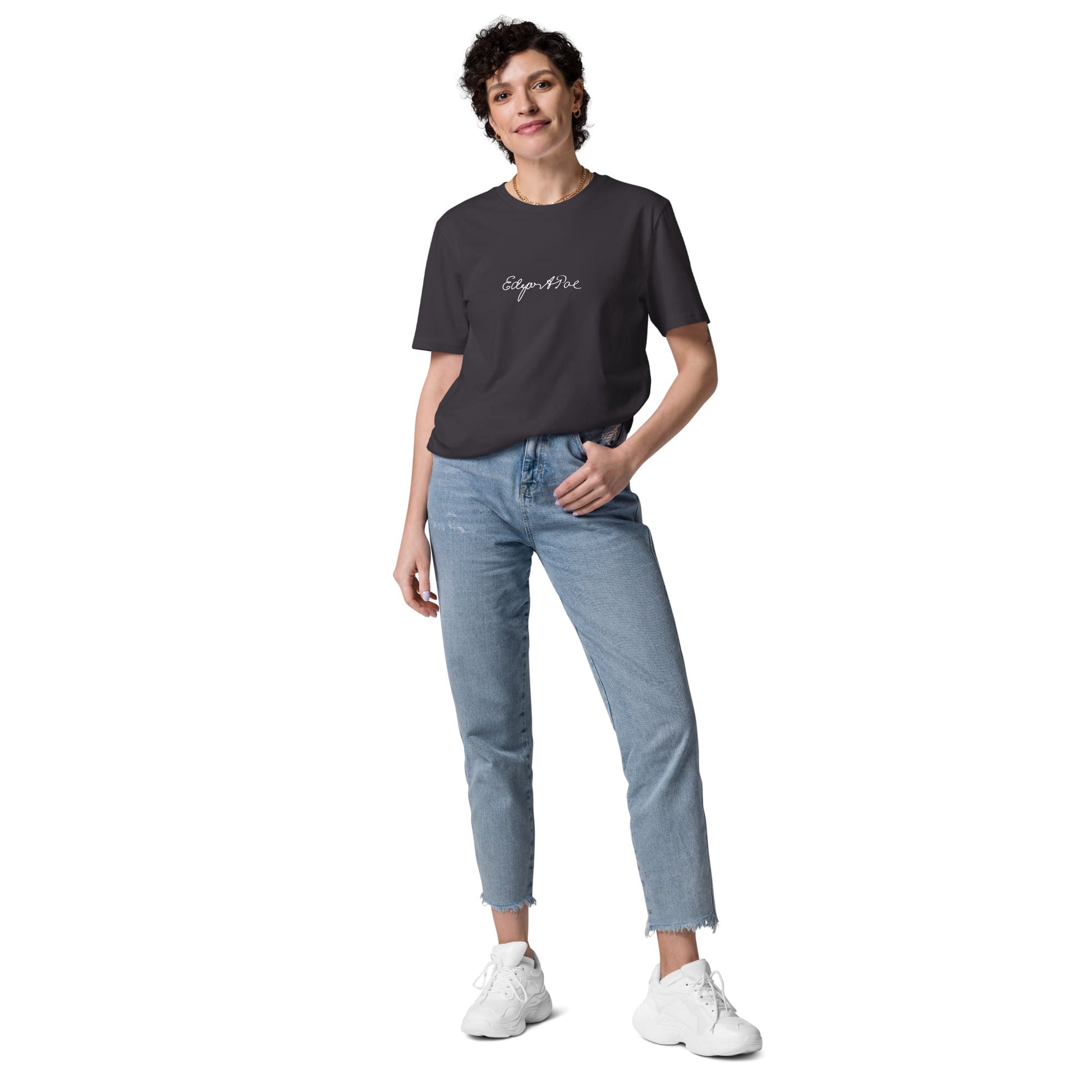 Edgar Allan Poe signature organic anthracite t-shirt model view
