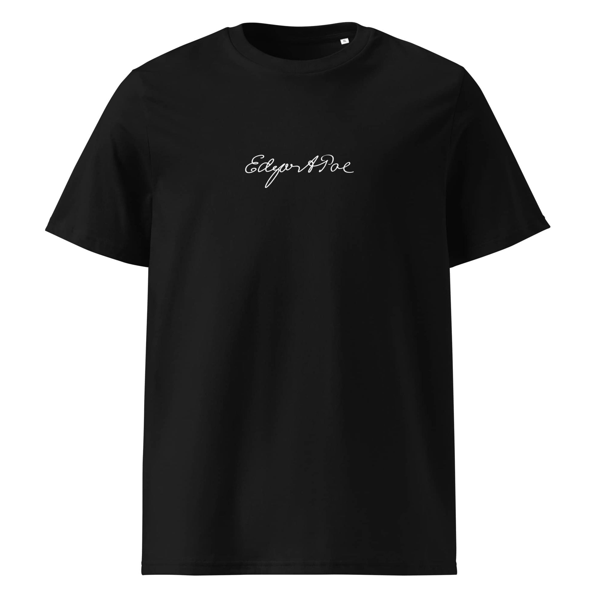 Edgar Allan Poe signature organic black t-shirt front view