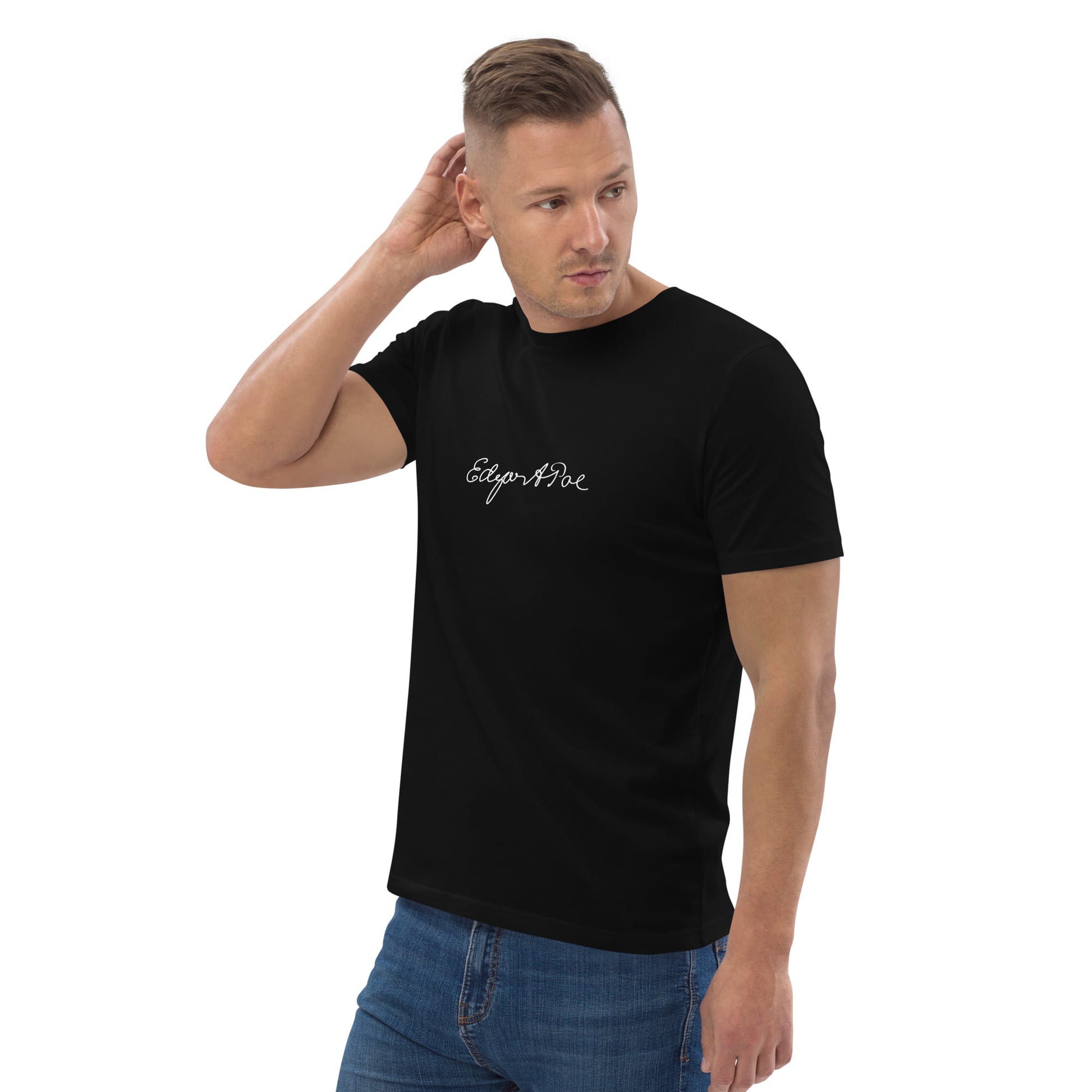 Edgar Allan Poe signature organic black t-shirt model front