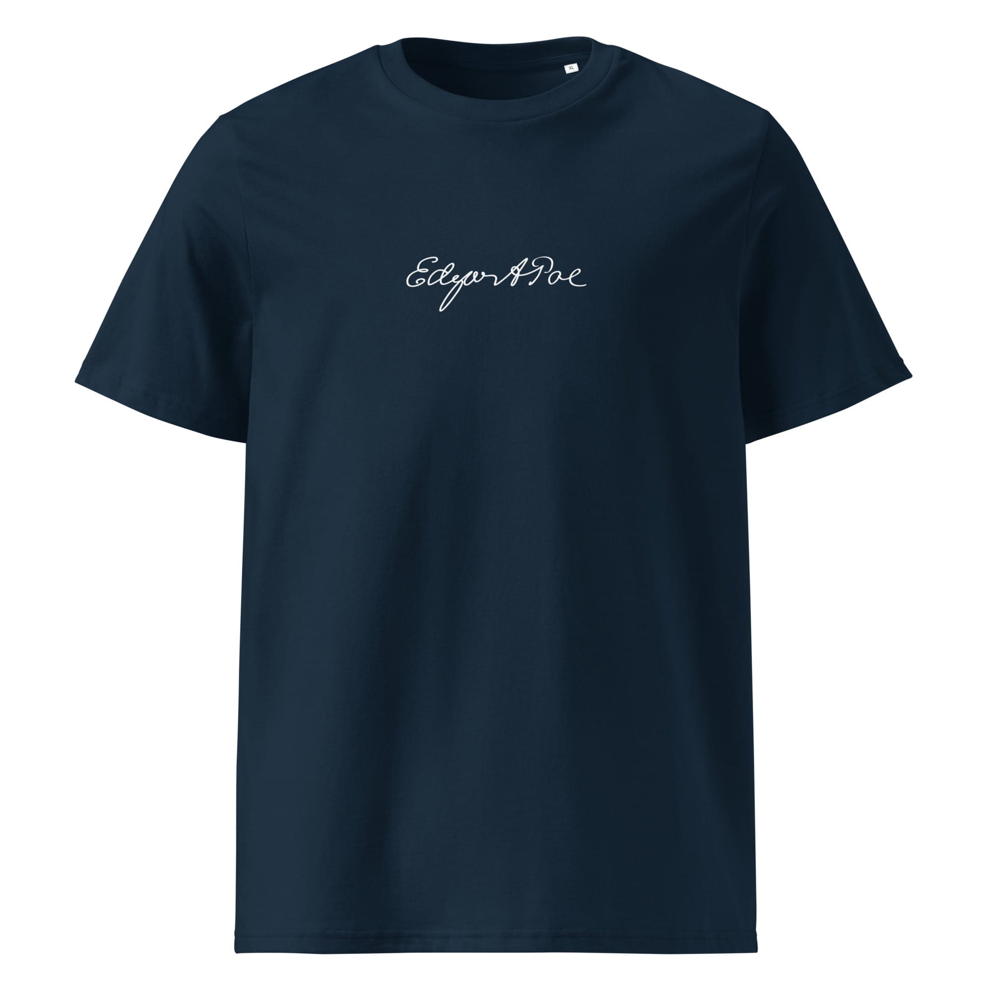 Edgar Allan Poe signature organic navy t-shirt front view