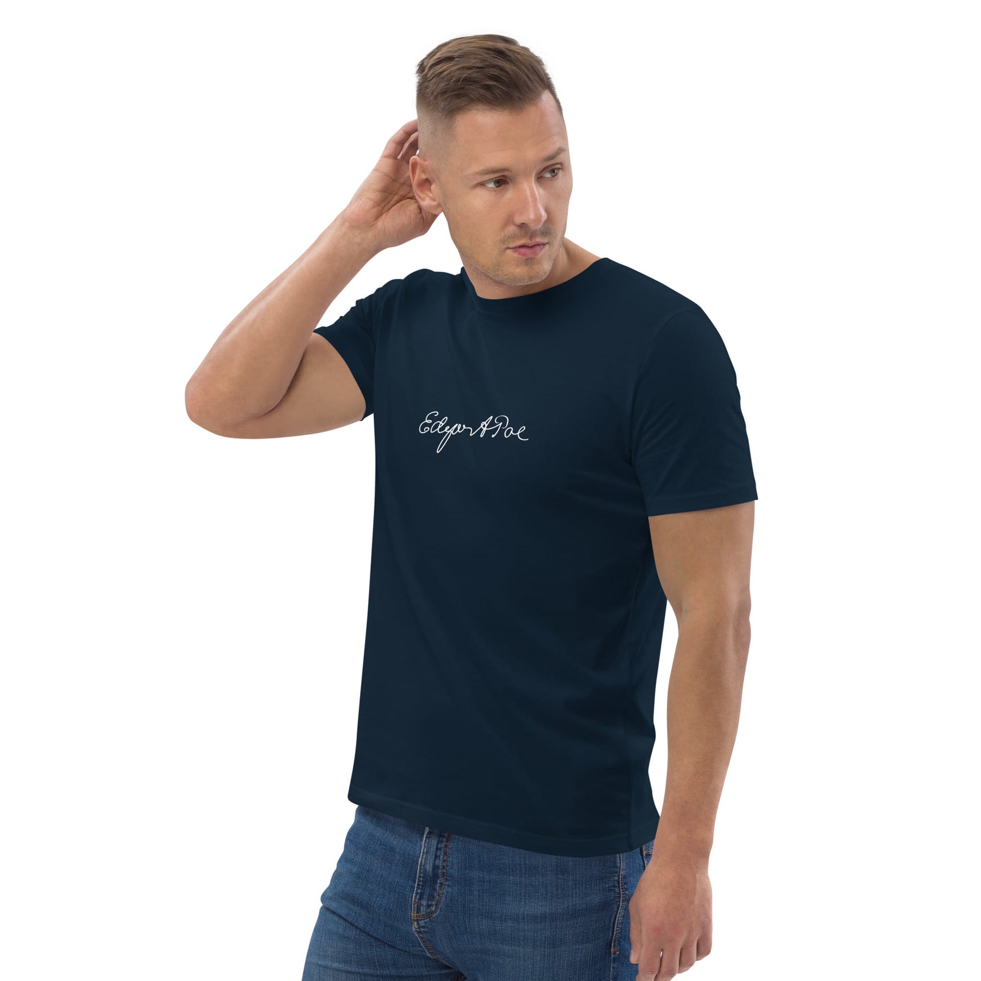 Edgar Allan Poe signature organic navy t-shirt model front