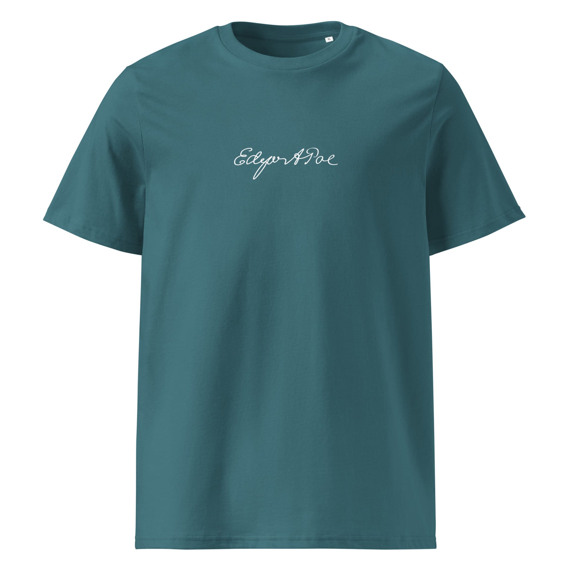 Edgar Allan Poe signature organic teal t-shirt front view