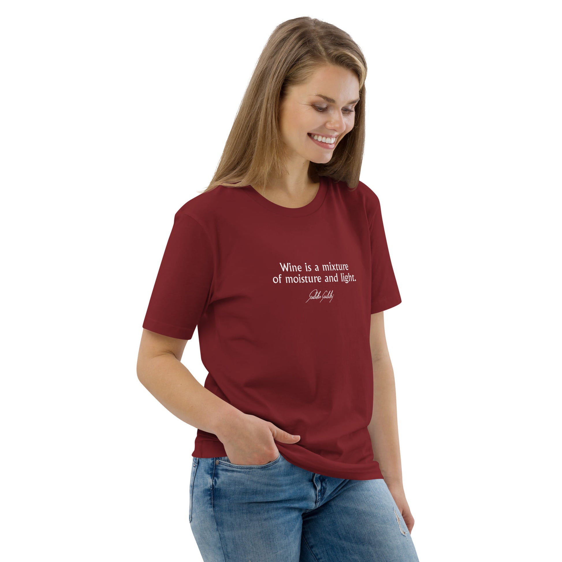 Galileo Galilei quote t-shirt 'Wine is a mixture of moisture and light', burgundy portrait