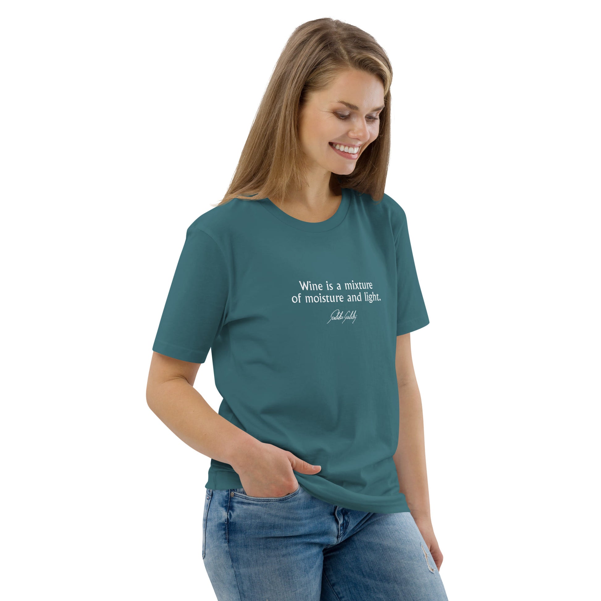 Galileo Galilei quote t-shirt 'Wine is a mixture of moisture and light', teal portrait